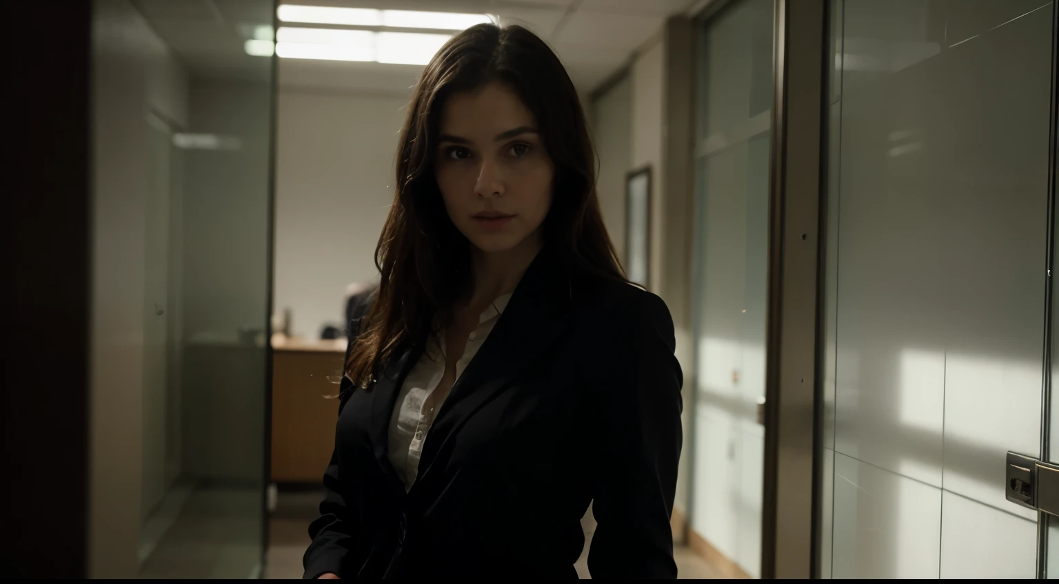 ((best quality)), ((masterpiece)), (detailed), perfect face,MYSTERIOUS WOMAN FIGURE lurking in the shadows, standing behind glass walls, dimly lit office space, business suit,8k ultra HD image, cinematic composition, realistic photograph, highly detailed image.