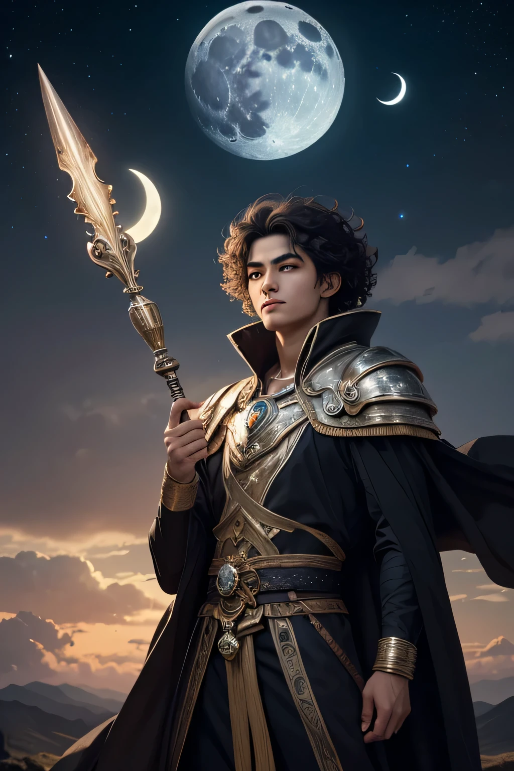 cinematic photo, masterpiece, half body portrait of a fantasy Moon warrior God depicted in the prime of youth, early adolescence, with a lithe and fit build. He has ruffled curly dark short hair. His skin radiates an ethereal glow, reflecting the soft luminescence of the waxing crescent moon. Adorned in silvery celestial clothes crafted from moonstone, symbolizing the celestial realm. A flowing cloak, reminiscent of moonlit clouds, billows around him. Grasping the Lightning Spear with a confident grip, the Moon God stands with one foot forward, embodying the energy of growth and new beginnings. His countenance is resolute and focused, with piercing, silver eyes that mirror the gleam of the crescent moon. Cosmic galactic background with stars and a silvery waxing crescent moon, fantasy, historical, artistic