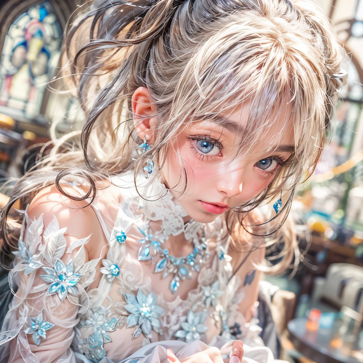 (SFW, Exposed:1.2), concept art, Tiny junior idol, Delicate lace knitted white clothes, (nipple:-0.9), (face closeup, (Dazzling stained glass Background)), (((Renbutsu Misako), vivid colorful Light shines through delicate stained glass:1.35, Dazzling Halo, Acutance:0.8)), {vivid red |Mystic sight | haze | lense Particle | lens flare | light Particle}. (masterpiece:1.2),(ultra-detailed:1.37),((realistic,photorealistic,photo-realistic:1.37)), (Extremely detailed KAWAII face variations, innocent expression variations), {rosy cheeks | intricate detailed eyes with sparkling highlights | long eyelashes with volume | subtle blush on the face}. impeccable skin texture, captivating gaze, ((Dynamic-angle, physically-based rendering)), whole Body proportions and all limbs are anatomically accurate . full of flowers covering girl's body .