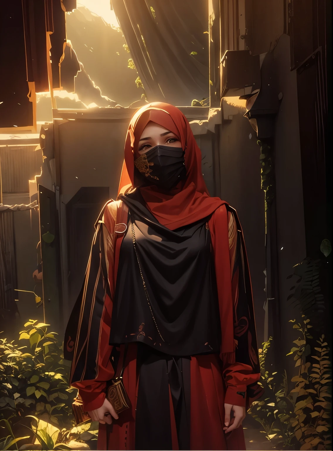 Beautiful islamic girls, mordan borka and hijab mask , beautiful jungle and fall background