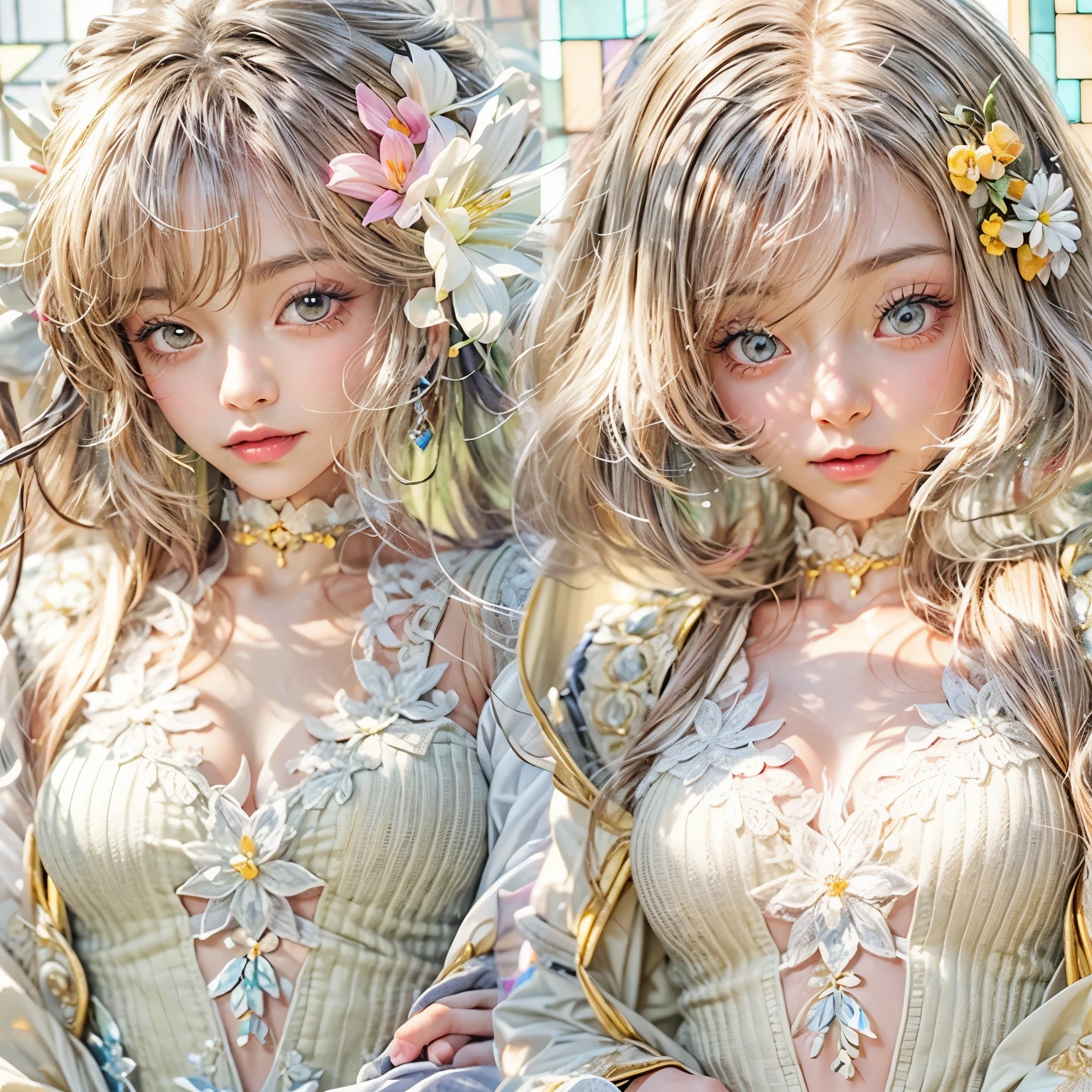 (SFW, Exposed:1.2), concept art, Tiny junior idol, Delicate lace knitted white clothes, (nipple:-0.9), (face closeup, (Dazzling stained glass Background)), (((Renbutsu Misako), vivid colorful Light shines through delicate stained glass:1.35, Dazzling Halo, Acutance:0.8)), {vivid red |Mystic sight | haze | lense Particle | lens flare | light Particle}. (masterpiece:1.2),(ultra-detailed:1.37),((realistic,photorealistic,photo-realistic:1.37)), (Extremely detailed KAWAII face variations, innocent expression variations), {rosy cheeks | intricate detailed eyes with sparkling highlights | long eyelashes with volume | subtle blush on the face}. impeccable skin texture, captivating gaze, ((Dynamic-angle, physically-based rendering)), whole Body proportions and all limbs are anatomically accurate . full of flowers covering girl's body .