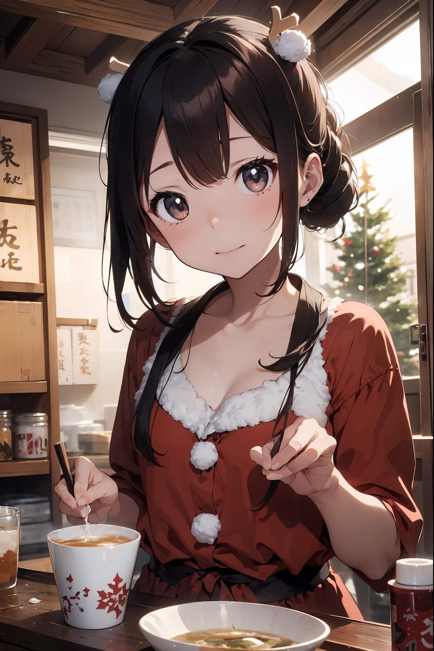 theme (クリスマスとhot sakeをreindeerに跨りながら配膳するa beauty girl:1.2) (hot sake:1.5) tchibi、tchibiキャラクターがreindeerが豪快に疾走する キャラクター Young children、a beauty girl、小柄、tchibi、Has a small、Big eyes、medium braid ponytail、Large ribbon、fluffy material、santa costume red and white、お盆の上にhot sake、ワイルドなreindeer、グラサンをしたreindeer、 nature Innocent、active、bad mood、Impressive sense of speed、Posing to create a sense of running reindeerに跨り左手にReinsを握り、右手でtrayを持つ、grasp、trayの上にhot sake 背景 snow field white Christmas environment dark bursting snow granular snow grains fantastic snow grains Snow grains that glow in fluorescent colors color 鮮やかなcolor 雰囲気 Pop and powerful illustrations Additional elements and objects hot sake tray Reins reindeer Lunette de soleil aspect ratio 2:3 portraitures
