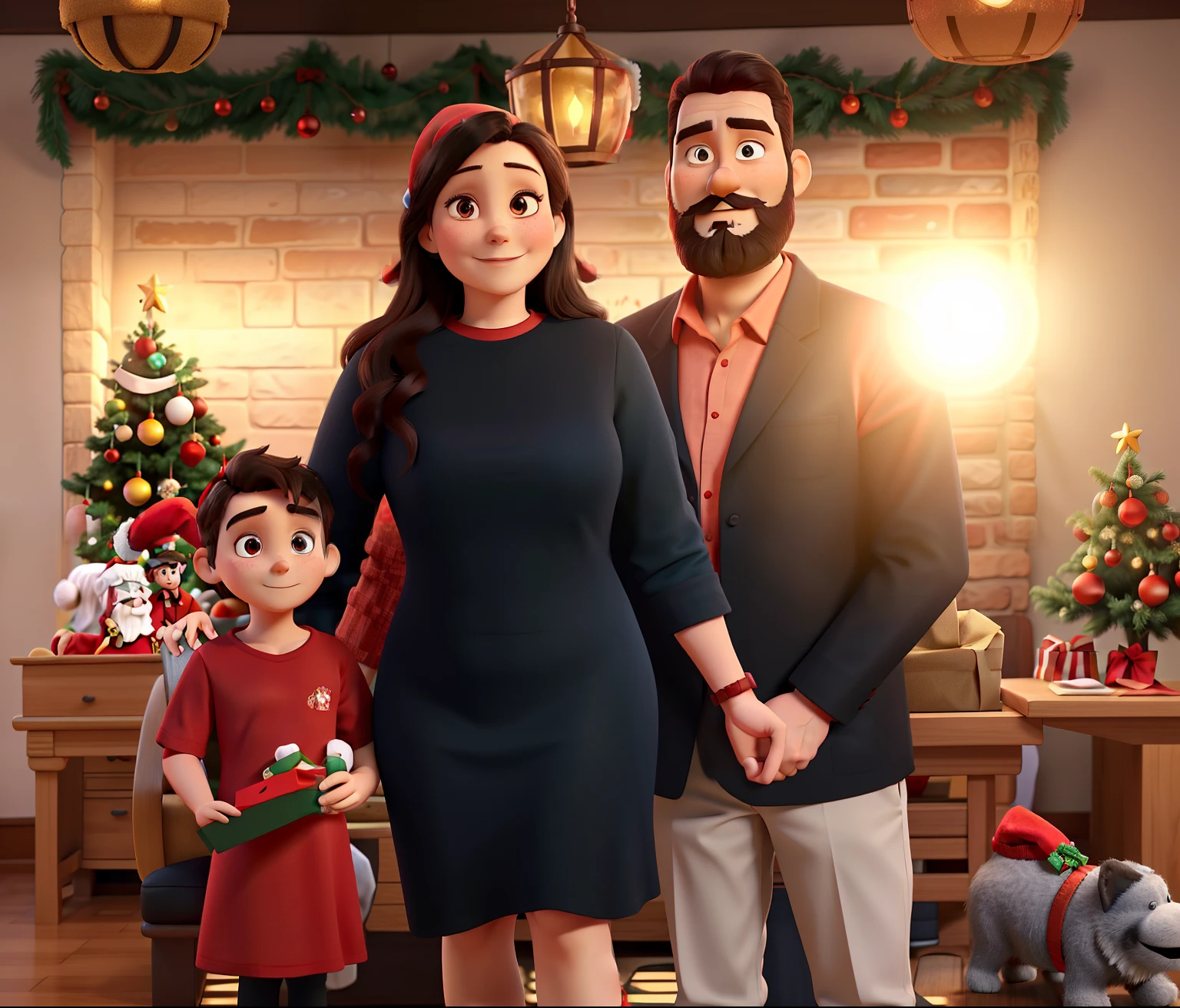 The dark-haired mother in a red dress, the tall father with a beard and a red shirt, the 9--old  in a red shirt, and a Santa hat. They are at a Christmas party