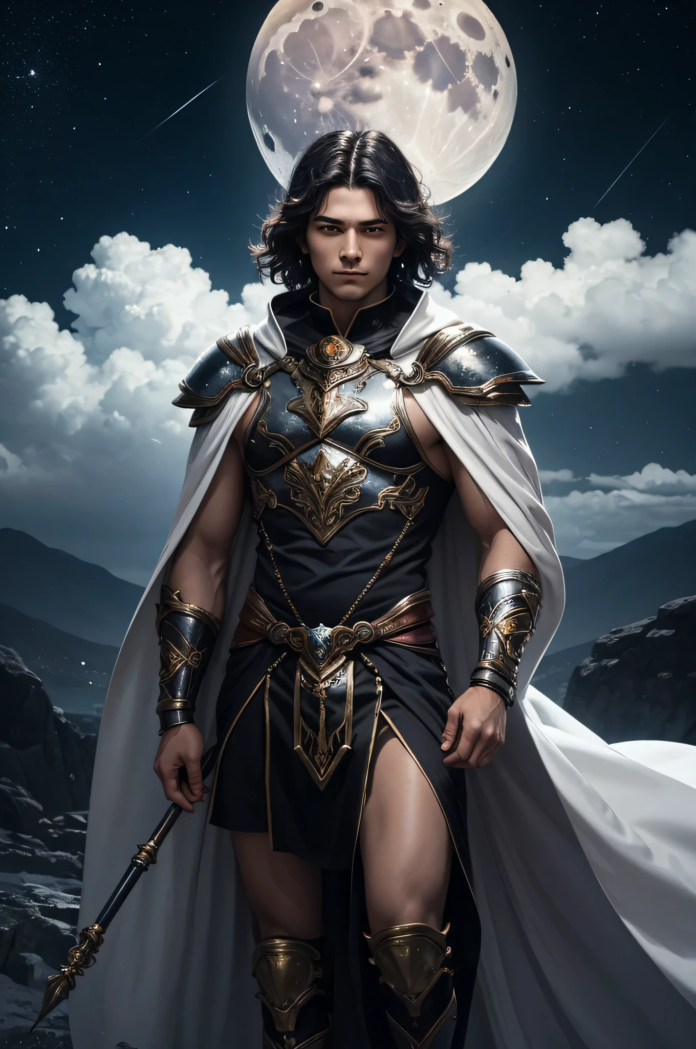 cinematic photo, masterpiece, half body portrait of a fantasy Moon warrior God depicted in the prime of youth, early adolescence, with a lithe and fit build. He has ruffled curly dark short hair. His skin radiates an ethereal glow, reflecting the soft luminescence of the waxing crescent moon. Adorned in silvery celestial clothes crafted from moonstone, symbolizing the celestial realm. A flowing cloak, reminiscent of moonlit clouds, billows around him. Grasping the Lightning Spear with a confident grip, the Moon God stands with one foot forward, embodying the energy of growth and new beginnings. His countenance is resolute and focused, with piercing, silver eyes that mirror the gleam of the crescent moon. Cosmic galactic background with stars and a silvery waxing crescent moon, fantasy, historical, artistic