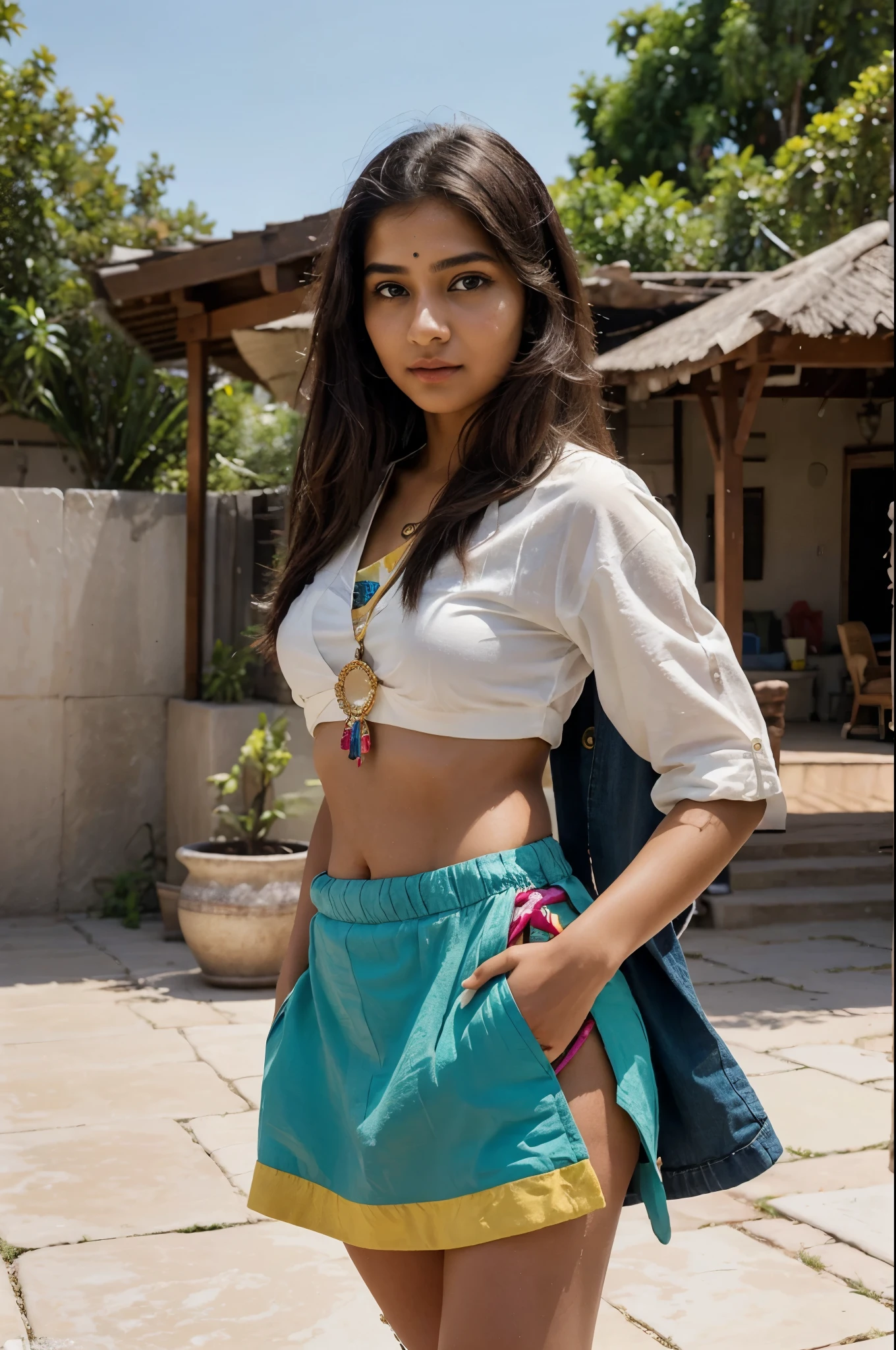 Craft a hyper realistic and vivid description of an exceptionally attractive Gen Z Indian girl who skillfully fuses traditional elements with contemporary style. Capture her fashion-forward choices, vibrant personality, and the unique charm she brings to embody the intersection of age-old traditions and the spirited trends of today's generation. Explore how her cultural roots and modern flair seamlessly coalesce, painting a picture of timeless allure and youthful exuberance