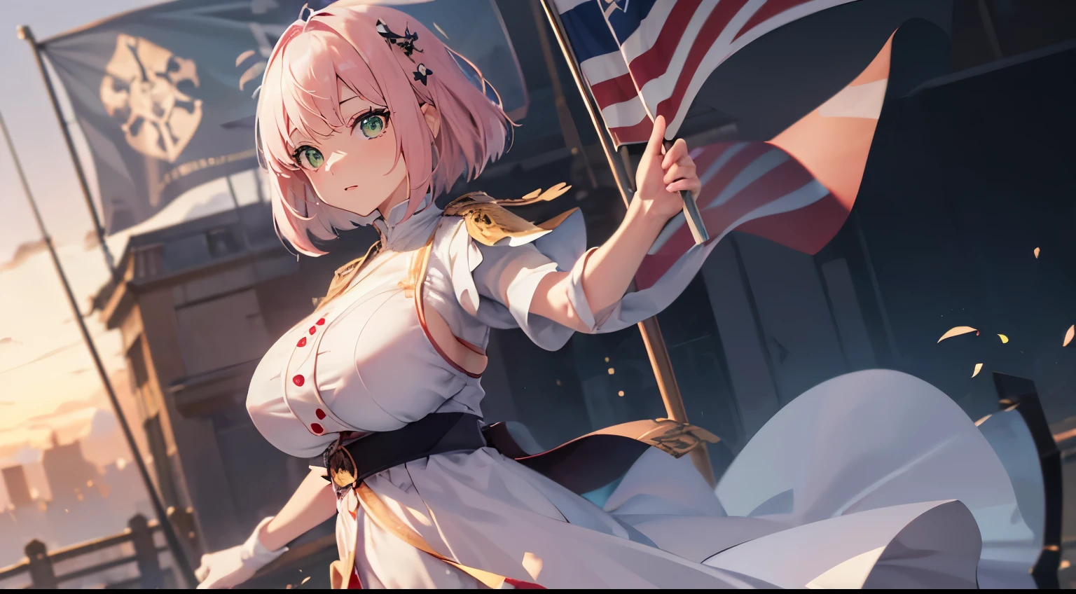 (masutepiece), Best Quality, Highest Quality, Highly detailed CG Unity 8k wallpaper, Original, High resolution, (depth of fields: 1.5), fidelity: 1.3, a beauty girl,　A pale pink-haired,　Short Bob,　huge tit,　Caucasian,　Green Eyes,　White dress,　huge tit , hold a flag, military flag, girl raise a flag