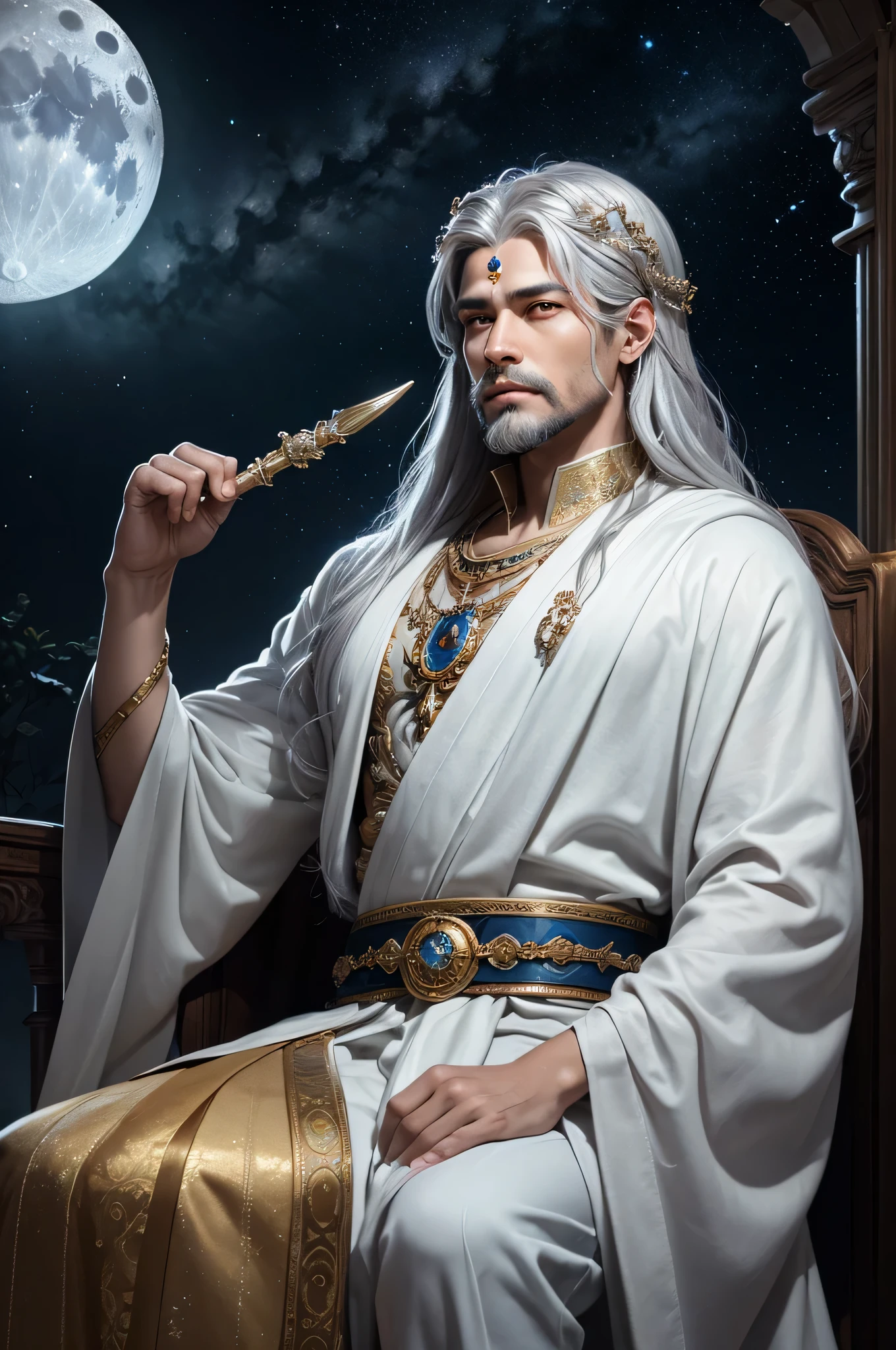 cinematic photo, masterpiece, half body portrait of a fantasy Moon God whose form exudes regality and wisdom, with a commanding presence. He appears in the prime of adulthood, radiating a serene aura. He has long flowing candid silvery glowing hair and elegant short silvery candid white beard. He is draped in elegant and elaborate flowing robes with silvery filigree that shimmer with the constellations, emphasizing his role as a cosmic sovereign. A celestial silver garland, adorned with stars, rests upon his head. Seated on an elegant fantasy elaborate celestial throne, the Moon God holds a short scepter in one hand, symbolizing his authority. The other hand extends in a gesture of benevolence. His expression is serene and compassionate, with silvery glowing eyes that carry the depth of cosmic knowledge. His skin radiates an pale silvery glow, reflecting the luminescence of the full moon. Cosmic galactic background with stars and a silvery full moon, fantasy, historical, artistic
