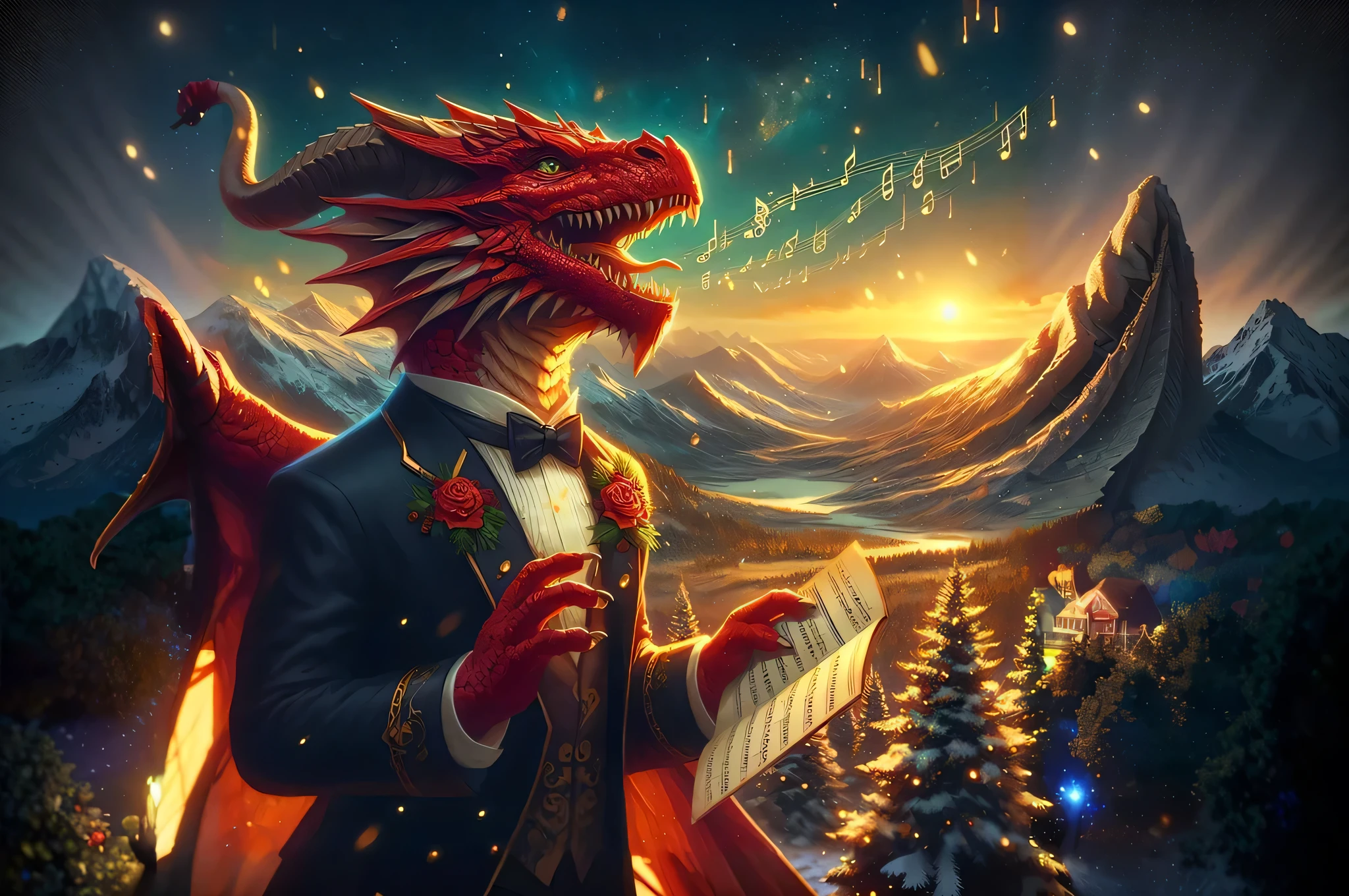 arbol de navidad, Luces de Navidad,A humanoid red dragon in a black and Christmas formal suit.. amable. cantando canciones de navidad, flotando en el aire.. A lo lejos, realistic mountain landscape and clouds. Dibujo digital. ((Extremely detailed 8K illustration)), Altas Resoluciones, (Fondo extremadamente detallado y hermoso), Pintura ultra detallada, professional illustration, Ultra-precise depiction, Ultra-detailed depiction, (beautiful and aesthetic:1.2), HDR, (Profundidad de campo:1.4), De color, vivid, beautiful detailed glowing light particles, intrincado:1.4