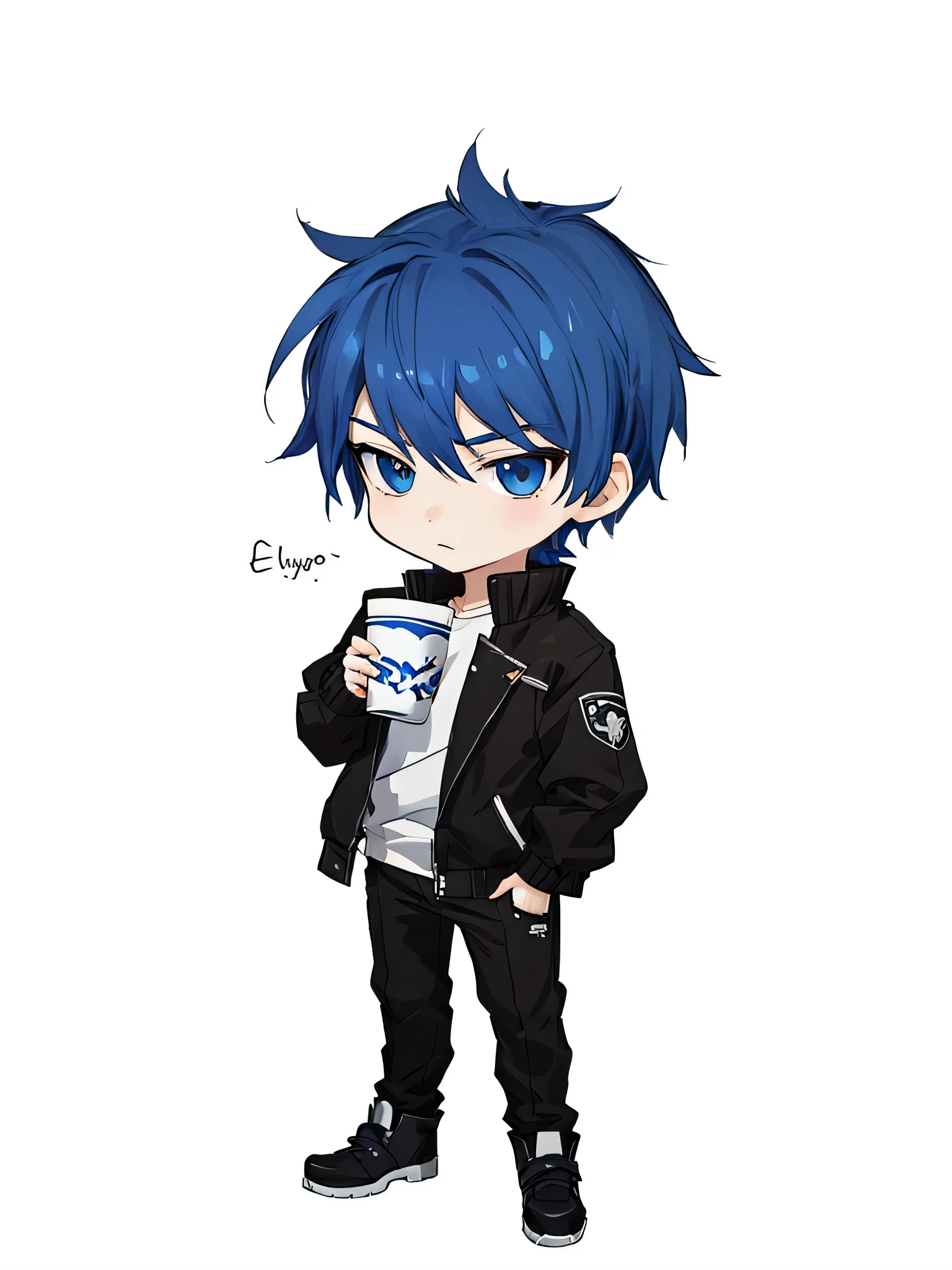 a cartoon boy with blue hair and black jacket holding a cup, Estilo anime 2D, anime moe artstyle, single character full body, personagem estilo anime, character art of maple story, menino anime, Belo estilo de arte, personagem bonito, Estilo Chibi, full body single character, style of maple story, Yoongi de cabelos pretos, em estilo anime, Estilo 2D