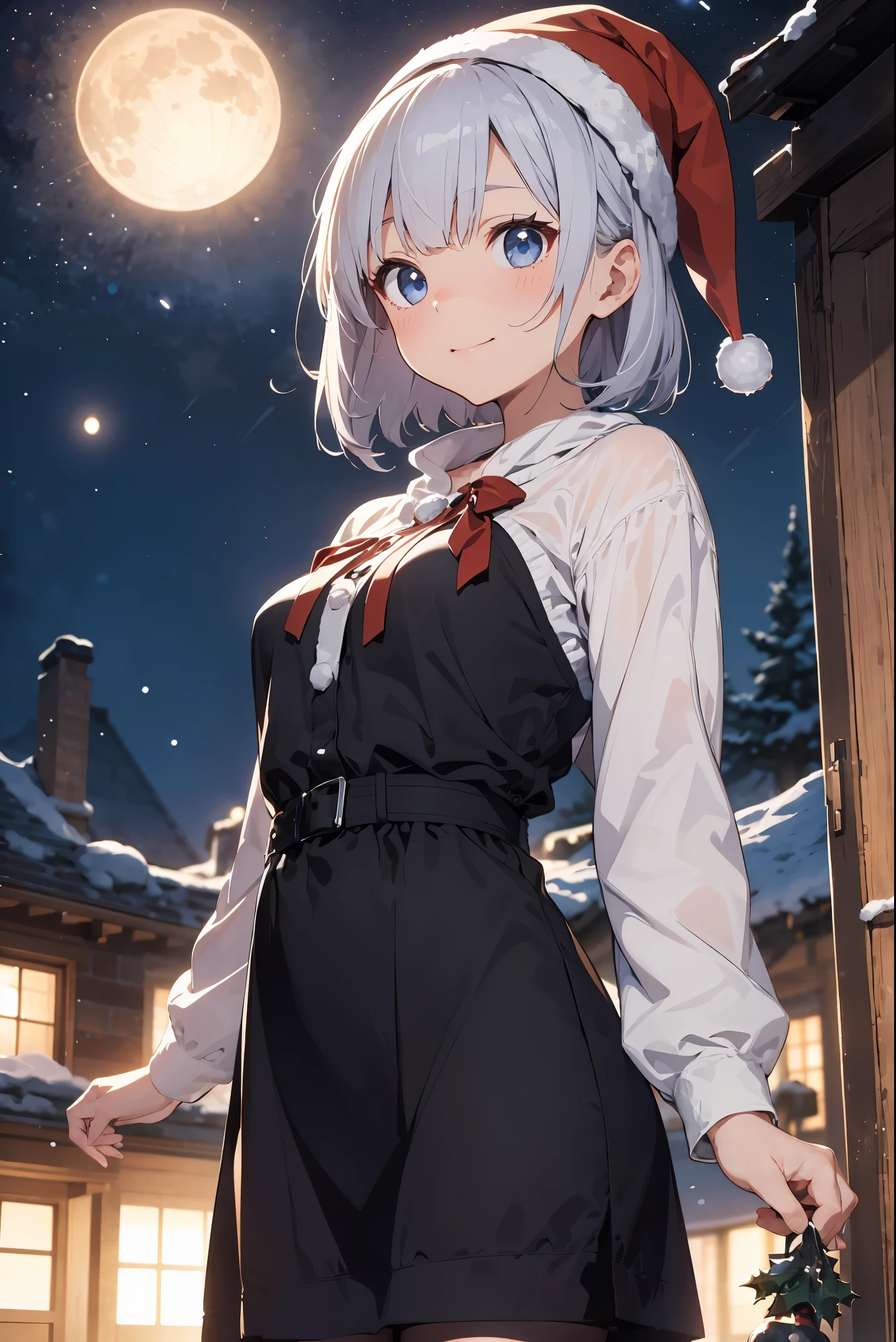 "winter night、A young female witch with silvery-white short bob hair and bright blue eyes appears.。Her eyes sparkle with festive star-shaped highlights。She wears an elegant black witch dress、He wears a black hat with a red ribbon and holly garland as a Christmas accent.。帽子にはwinter night空を彷彿とさせるバットモチーフの装飾が施されています。Her posture is modest yet confident.、He holds a shining star-shaped magic object in his hand.、Christmas night sky with sparkling full moon and magical particles in the background、Inside you can see the silhouettes of historic buildings、Creating a magical chakra ring。This chakra ring、composed of blue-white light、Shining like illumination in the falling snow。she on christmas night、He has a gentle smile in the warm light.、The space around you is filled with Christmas magic.。"