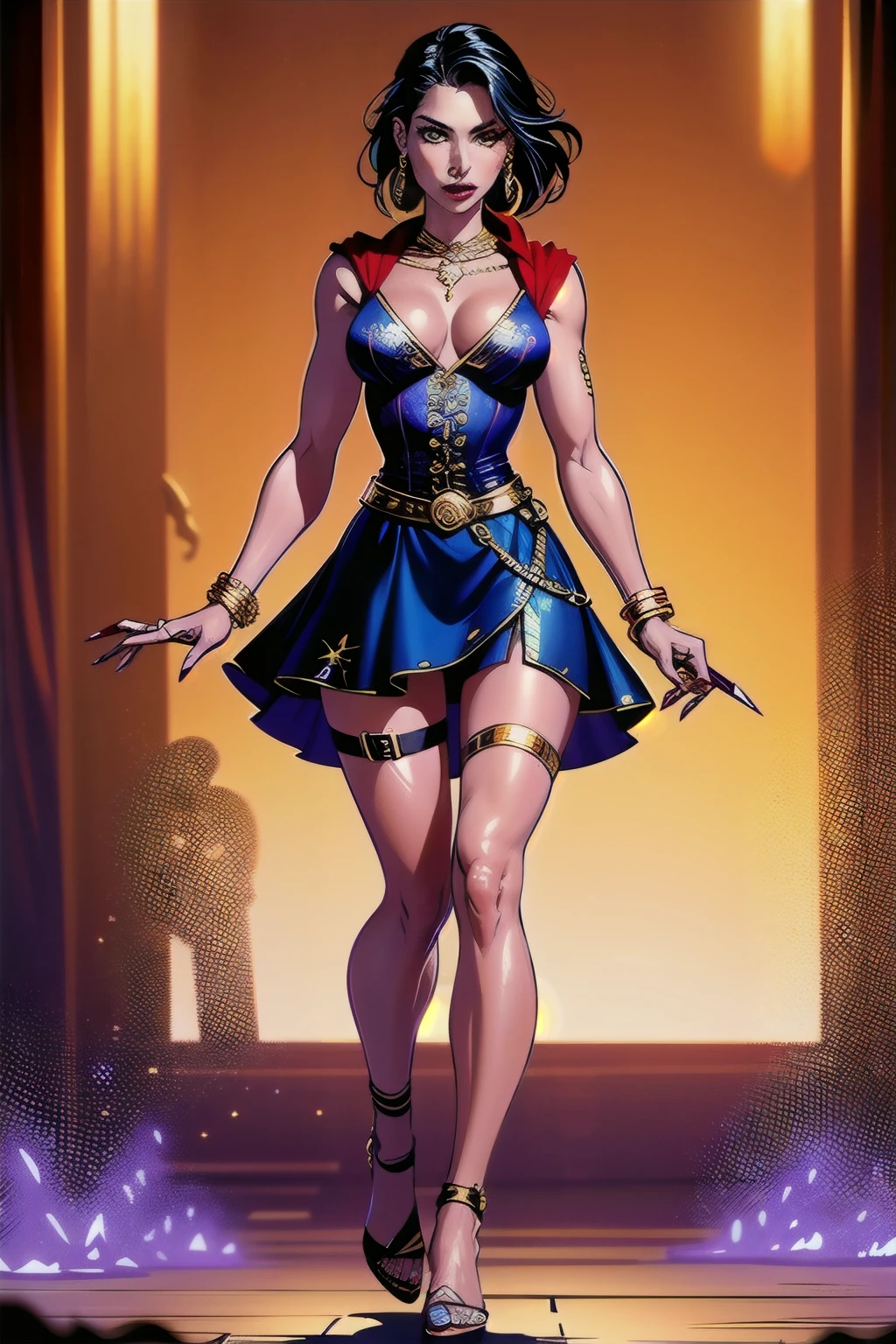 gold top with a deep V neckline that leads into a lavender hem with silver designs, and a small red scarf with yellow patterns covering her neck. The top has a Y shaped chain strap at the back leading from under the scarf and into the purple hem. She wears a pair of finger-loop arm warmers that are a matching gold to her top with gold tassels from her wrists to her elbows and a jeweled lavender brace around her upper arms. Around her waist she wears a jeweled belt, and the waistline of her skirt is blue with visible gold stitching and white patterning. The waistband of the skirt is laced at the back with red laces. She wears a red skirt with several yellow patterns and a metal garter on her left thigh. She also has blue and orange dangling earrings and gold sandals with blue gems studded vertically along the top of her foot. Her fingernails and toenails are painted a dark blue. She also wields dual daggers