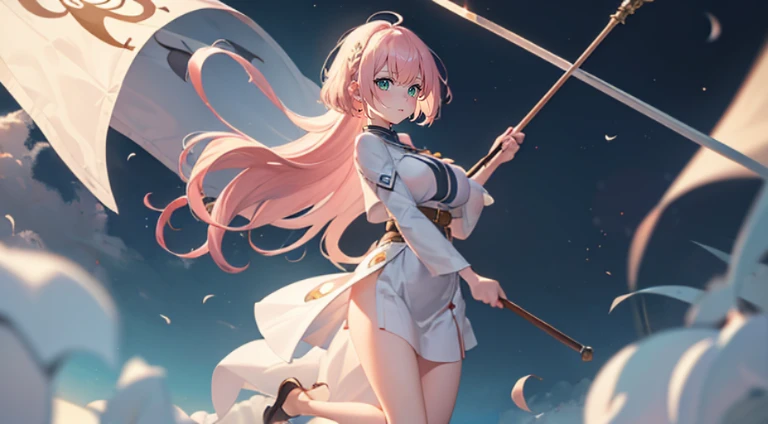 (masutepiece), Best Quality, Highest Quality, Highly detailed CG Unity 8k wallpaper, Original, High resolution, (depth of fields: 1.5), fidelity: 1.3, a beauty girl, A pale pink-haired, Short Bob, huge tit, Caucasian, Green Eyes, White dress, huge tit , hold a flag, military flag, girl raise a flag , Full Body Detail 4K