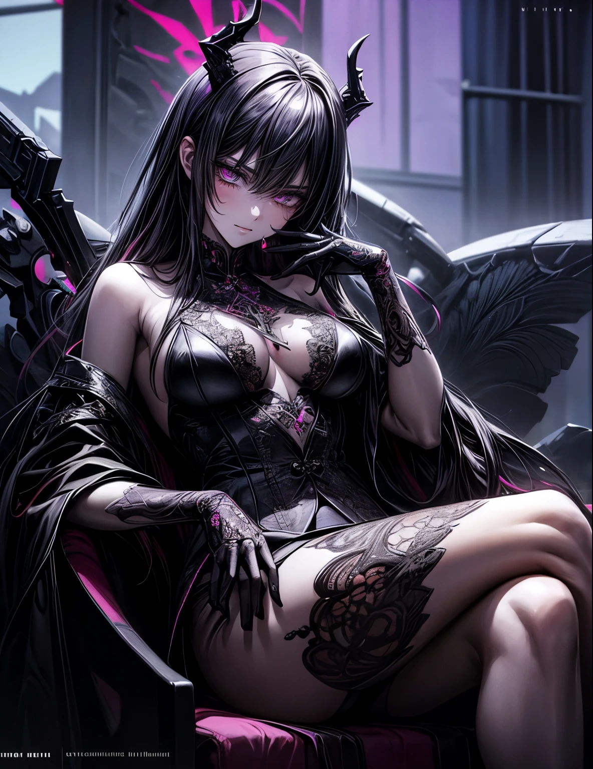 Masterpiece,a demonic woman,wearing suit,black color stylish suit,demonic,wing, stylish sitting pose, cyberpunk gray_neon pink beautiful theme, mesmerizing view,oil painting, pixiv, Ghibi ((intricate details,)) ultra HD, sharp details