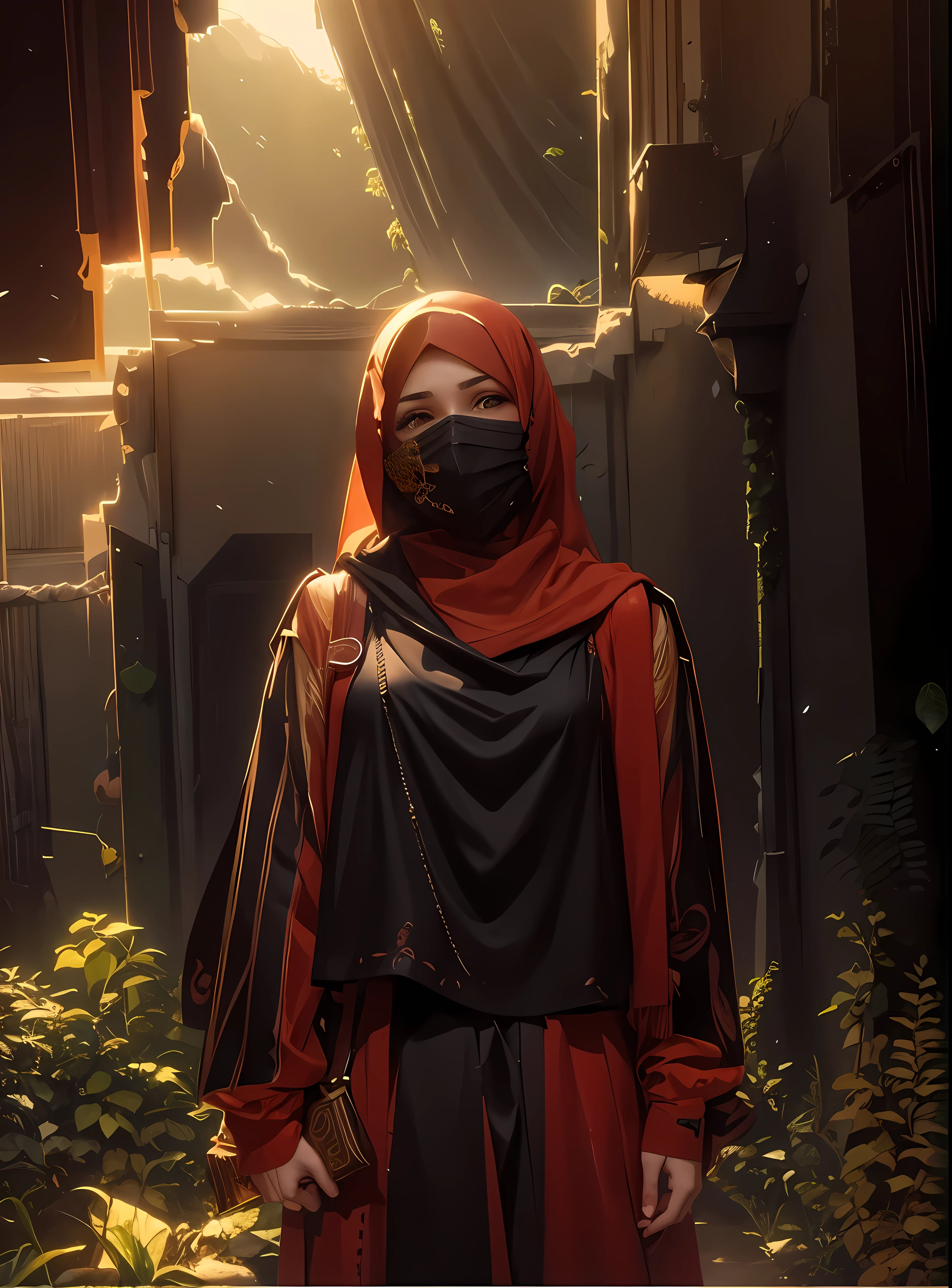 Beautiful islamic girls, mordan borka and hijab mask , beautiful jungle and fall background