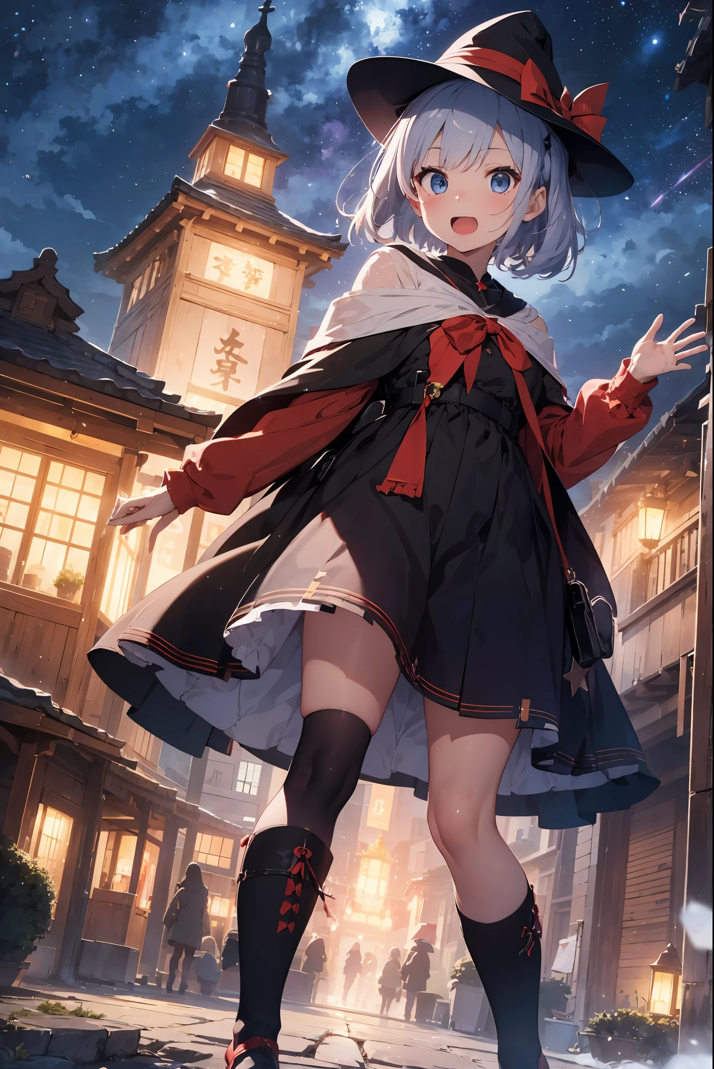 "On a magical night when the New Year's Eve bell rings、A female witch with a silver-white short bob and bright blue eyes will appear.。In her eyes、Shining star-shaped highlights symbolize hope for the new year、Her attire is a traditional witch dress with red accents.、He is wearing a black hat decorated with red plum blossoms to celebrate the new year.。Wearing strangely large red boots、Sometimes from those boots、I'm trying to make a small phantom beast peek out.。
She lightly waved the star-shaped magic object in her hand.、Accordingly, from the temple building there is not a huge bell sound、A fun melody drifts in the air。A strange blue-white chakra light draws a circle in the sky.、What emerges from this is not the usual sound of a bell.、Notes filled with laughter and blessings are flying around.。The temple in the background、Decorated with colorful lights like a moving painting、It seems like they are making mysterious preparations to welcome the new year.。This unusual New Year's Eve bell illustration、It will bring surprises and magical joy to the viewers of the new year.。"