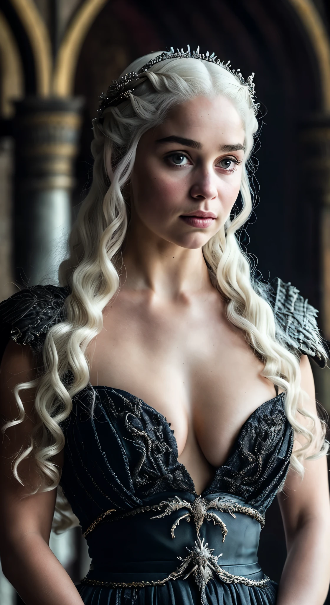 Royal Satin dress, Perfect eyes, flawless Beauty, pierced eyes, Masterpiece, Daenerys Targaryen, Gorgeous woman, queen, Queen Lady, Princess of Dragonstone, black mole on breast, The Unburnt, Queen of Meereen, Queen of the Andals, the Rhoynar and the First Men (claimant), Protector of the Seven Kingdoms (claimant), Khaleesi of the Great Grass Sea, Breaker of Shackles, Mother of Dragons, The One Who Was Promised, Lady of Dragonstone , 45 years Old, she is a Full growned lady now, beautiful mature lady, the queen, milf beauty, mature queen, Best quality, a small, charming Beauty, a captivating woman, fully ripen milf body, lustful queen, alluring appearance, unrivaled beauty, wonderful breasts, large breasts, mediaeval erotic costumes, a Game of Thrones-inspired costume, a close-up of a woman from the middle ages, Daenerys Targaryen, Daenerys, resembles Emilia Clarke, Emilia Clarke, scene from "Game of Throne," deep cleavage, warrior princess, healthy body, perfect thick body, attractive figure, fleshy body, style of "Game of Throne," beautiful lady, beautiful woman, mediaeval clothes, stunning woman, 8K, insane details, dress made of clothes and jewelry, perfect hair, styled hair, high clarity eyes, perfect hands, perfect fingers, perfect eyes