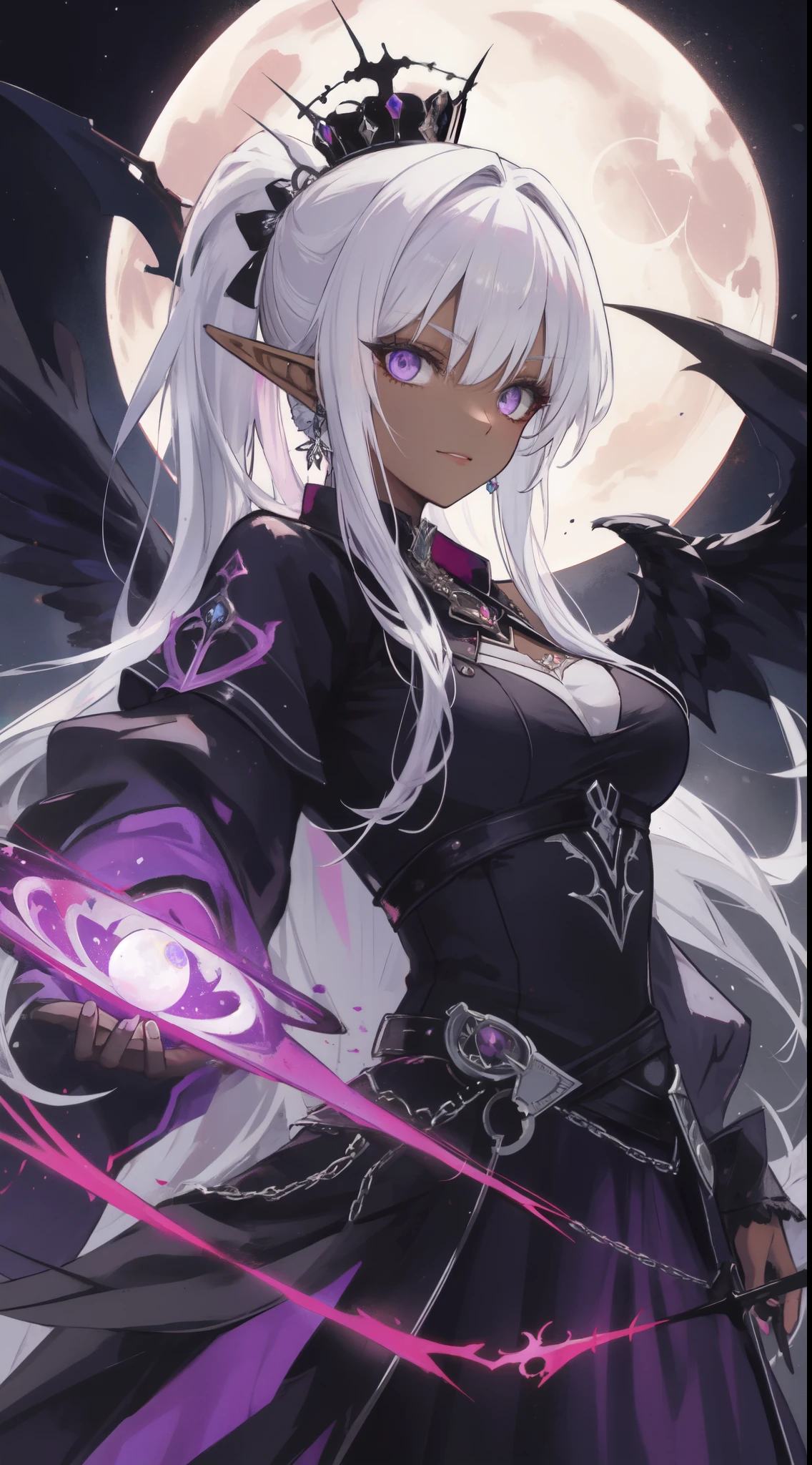 dark persona, nsfw, penis, cum futanari, masturbation, sex, satou kuuki, Embracing dark aura, pubic tattoo, glowing tattoo, 1girl, solo,, thigh high boots, long hair, Feeling magical energy, hand on own hip, octagonal yin yang mirror, cape, forehead accessory, runes, evil smile, stand-up collar, black body suit, at midnight, Holding a symbol of faith, purple eye, white hair, gold decoration, evil eye decoration, moon, earring, chains, belt, yin yang, skirt, beautiful art, high res, perfect face, detailed outfit