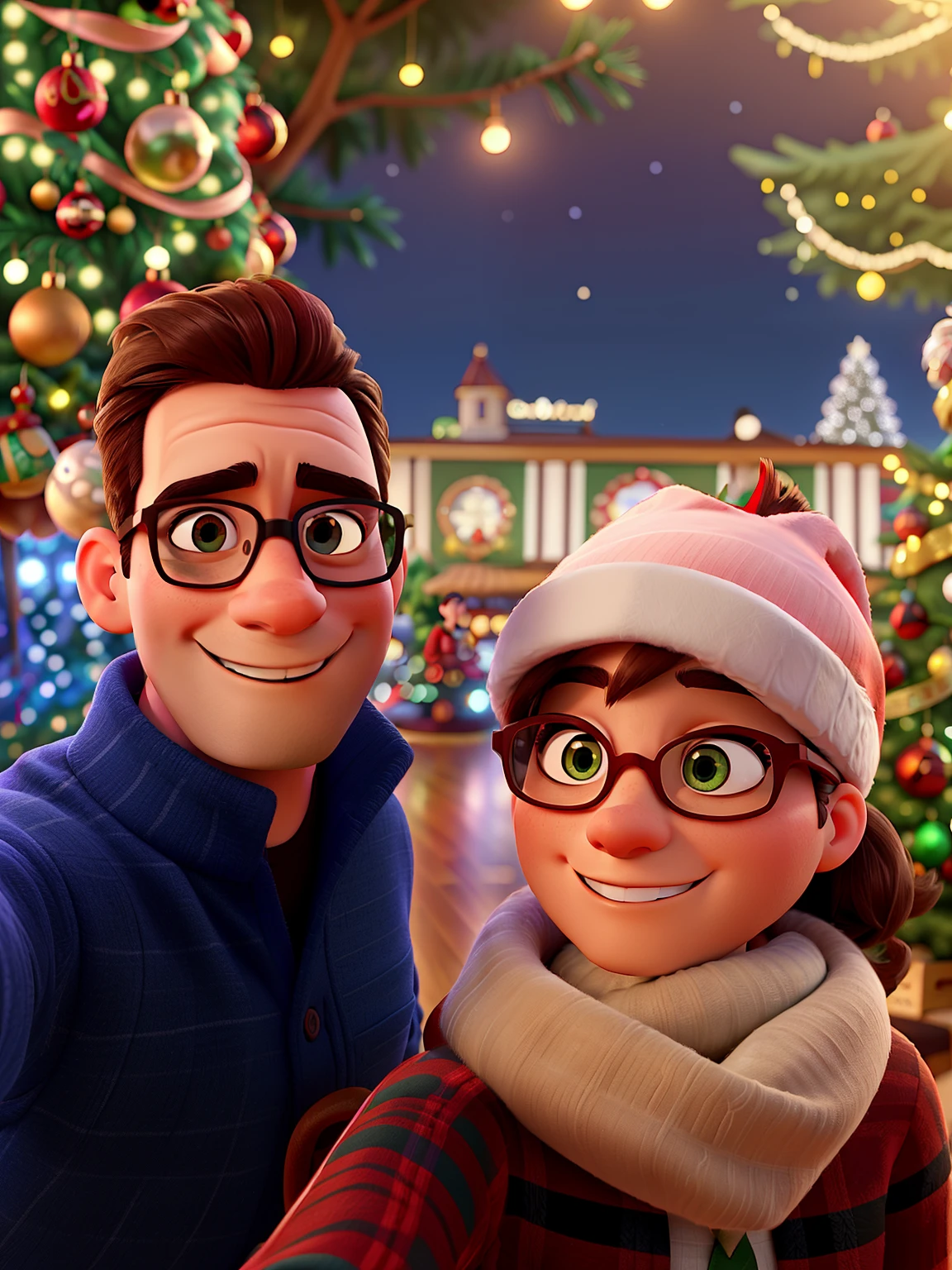 Disney Pixar style image with a man and a woman both with glasses taking a selfie in front of a Christmas tree, a noite, With a tree in the background and flashing lights, holiday season, Casal feliz