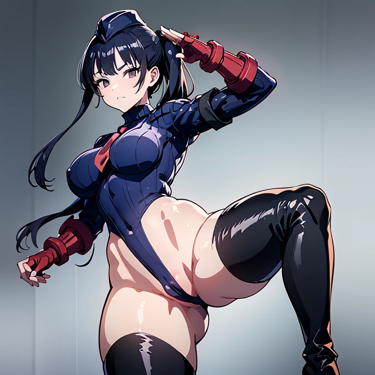 ultra-detailed, Explicit, Beautiful body, Beautiful Nose, Beautiful character design, perfect eyes, perfect face, ultra highres, 4K, beautiful legs, perfect legs, Nice hands, Perfect hand, Masterpiece, Best Quality, Highly detailed, illustration, absurdres, street fighter, doll suit, shadaloo doll, dollsuit, expressionless, blank eyes, looking at viewer, red gloves, emotionless, black latex, corrution, mind control, female combatant, full body, hypnotized, unhappy trance, full body suit, ribbed bodysuit, both arms at side, obey, perfect female body, extremely glossy latex, hypnosis, hypnoLora, empty eyes, Mind control device, poses, submissive_pose, Slave, hat, necktie, stand up straight, standing, standing at attention, hat, necktie, belt, latex, ribbed bodysuit, thighhighs, garter belt, Fighting Stance, extending the right arm from the shoulder into the air with a straightened hand, nazi saluting, military, military saluting, salute, thigh boots, 1girl, solo, Anna Yamada, Boku no Kokoro no Yabai Yatsu, black hair, long hair, amber eyes