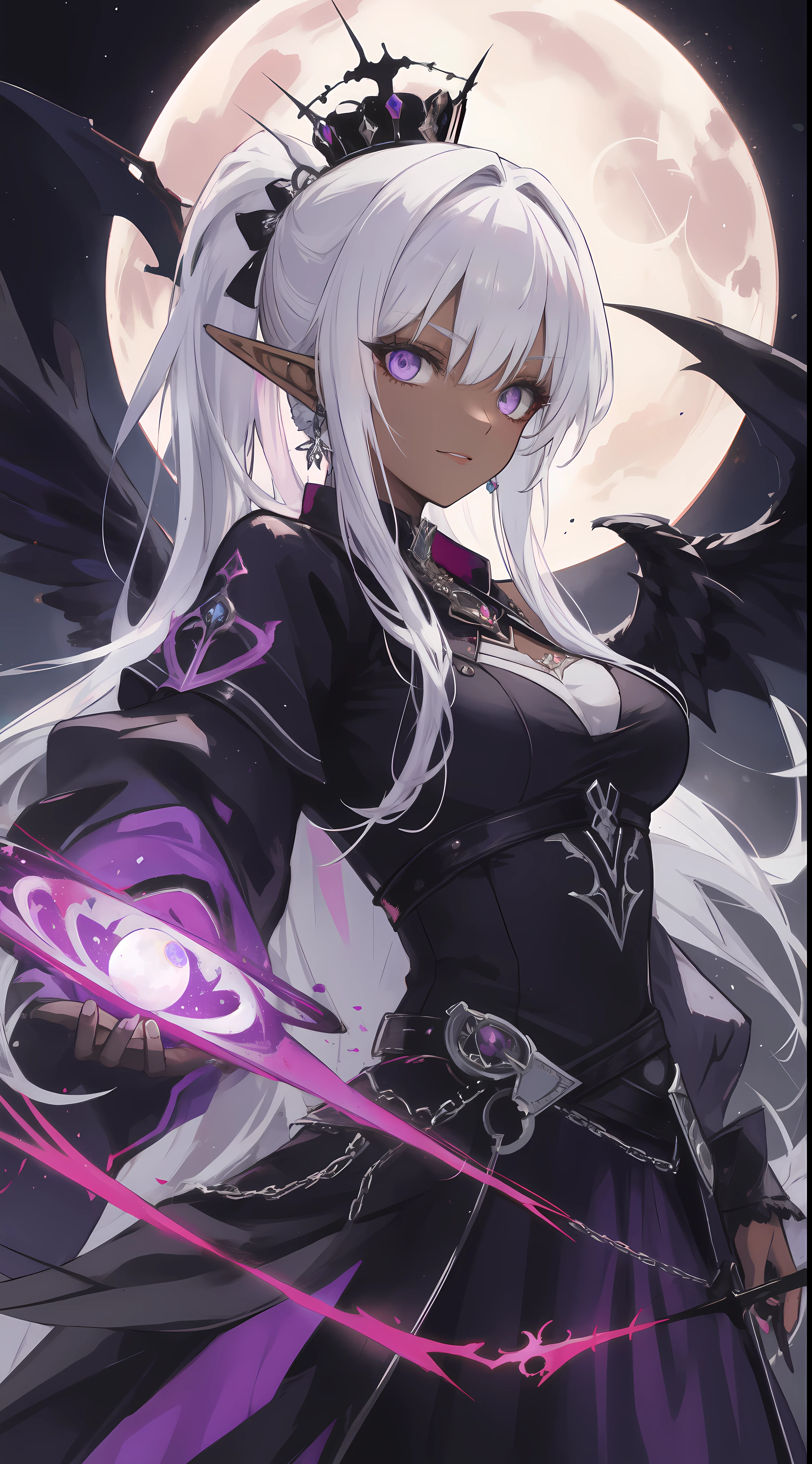 ((masterpiece, best quality)), official art, unity 8k wallpaper, ultra detailed, Amazing dark elf, Dark Angel, mystical aura, ((Obsidian black wings)), flowinggown, deep Purple, Motifs inspired by the occult, ((Crown of thorns)), Poisonous nightshade, balls of fire, Dynamic pose, Darkness shrouded, High detail resolution, r1ge, Crazy nothingness, Glowing eyes, Multiple eyes, Horror (Theme), design by Yoshitaka Amano, BREAK, highly detailed of (dark elf), (1girl), solo, perfect face, details eye, ponytail, Blunt bangs, (hair between eye), white hair, violet eyes, fantasy art by Artgerm, by Kawacy, by Wadim kashin,BREAK, eyelashes, eyeshadow, pink eyeshadow, (dark skin:1.2), glaring, Mysterious smile, medium breast, BREAK, extremely detailed, dynamic angle, (( moonlight)), Mystic energy, Mysterious rituals, ((Dark atmosphere)),