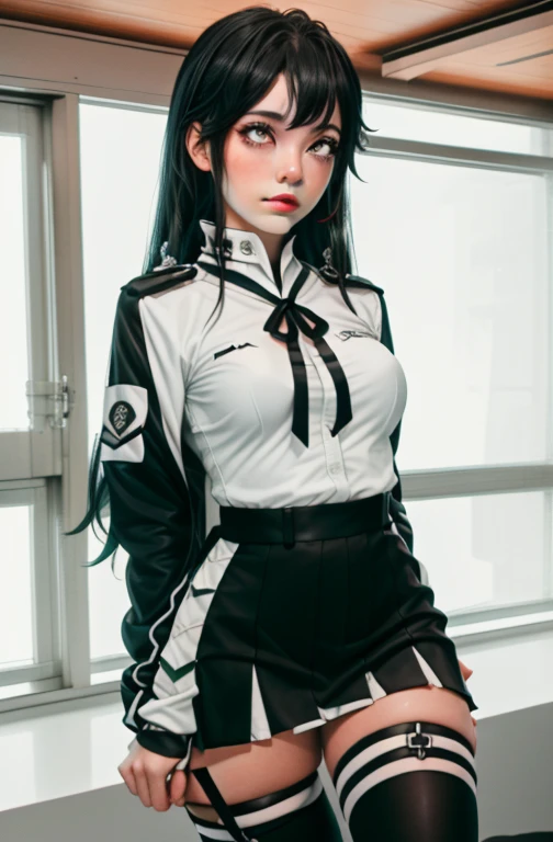 (full figure:1.1), (1 girl as yukino yukinoshita:1.5), highres, solo, big breasts, waist long black hair, (twintails:0.5), (pleated miniskirt:1.2), (black thighhigh socks:1.2), loose red ribbon, (flipping skirt:1.2), (unbuttoned white shirt:1.4), (ahegao:1.5), green eyes, (rolling eyes:1.5), (torn clothes:1.5), naked breastss, spread legs, no panties