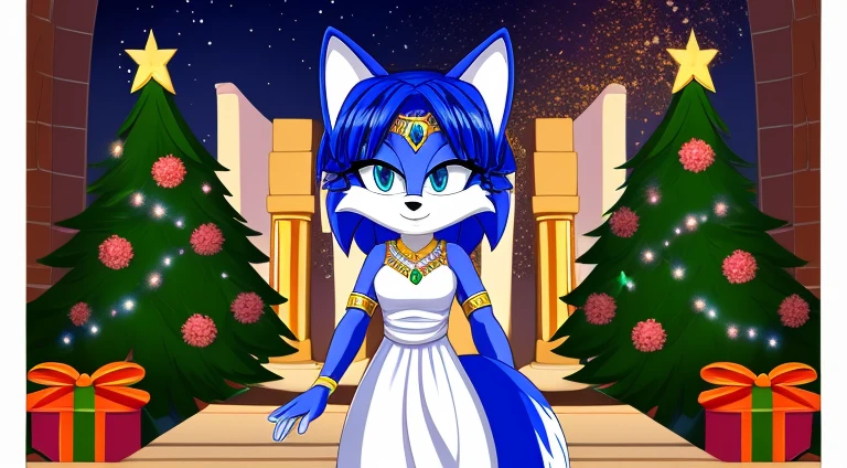 Krystal The Fox, Blue Fox, Beautiful, Jewelry, White Dress, Long Dress, Night, Stars, Looking at Viewer, walking, A Background of a Roman pillars of a garden and flowery and colorful background arches with colorful gardens and trees, Christmas Light, Christmas Trees, Forzen Water Fountain, 2D Flat, 2D Illustration, Cartoon Style, close up, headshot.