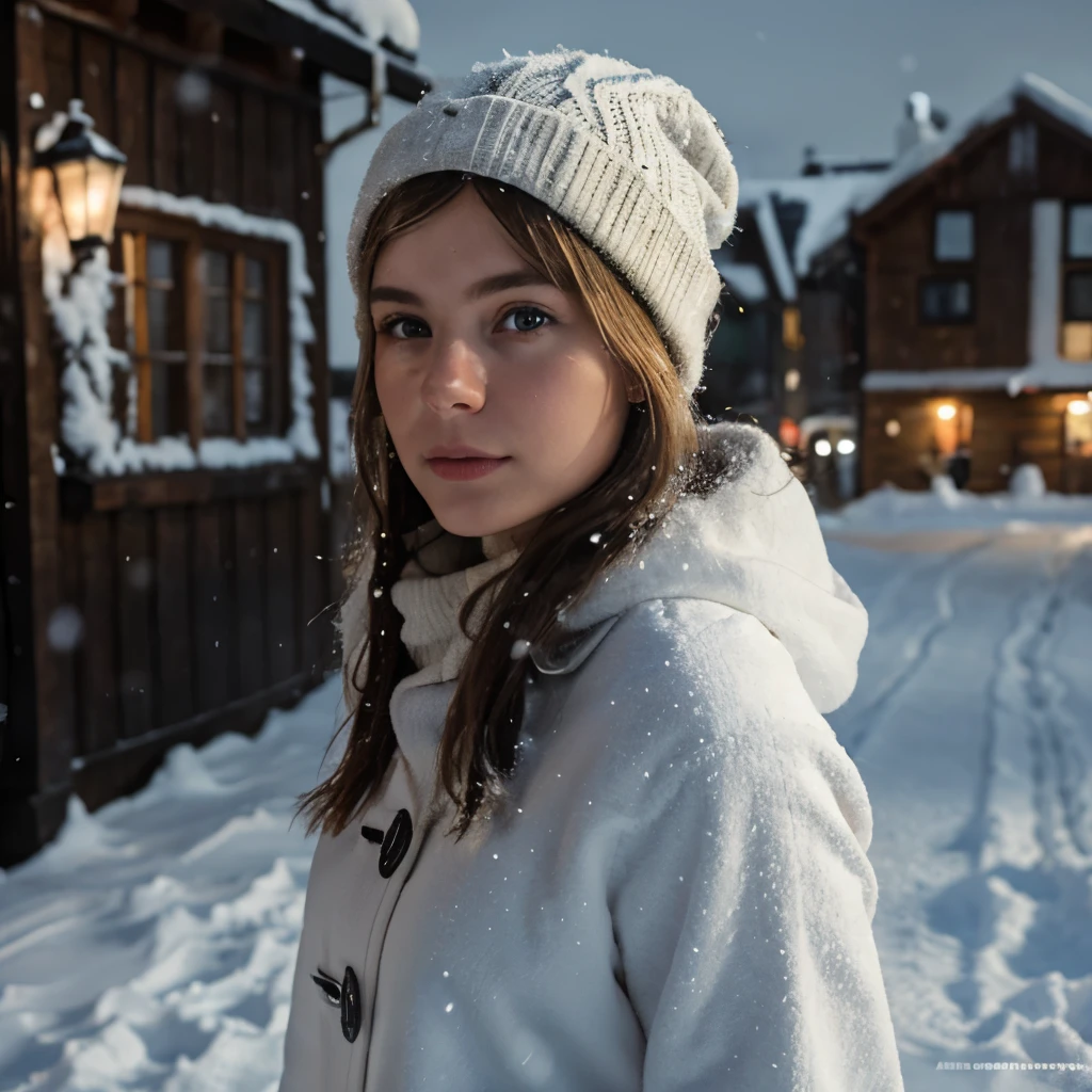 Create a life like photorealistic image of a European girl, background is cinematic snow winter weather in Norway.