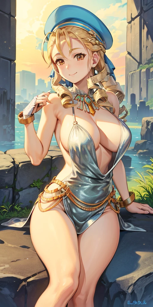 (4k, Prominence in Masterpiece, High Quality, Best Quality: 1.2) full body, 1 child female, solo, 1 girl, lustful smirking smile blush, looking at viewer, sitting on chair with legs crossed, big black thighs stocking, big breasts (cover with blue) ((SFW)), hands on hips, wide hips, blonde long hair, blonde drill hair, blonde twin drills hair, blue wizard hat, Handcuffs on their hands, With a collar around the neck