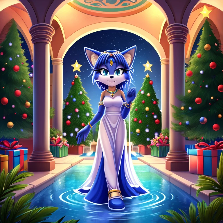 Krystal The Fox, Blue Fox, Beautiful, Jewelry, White Dress, Long Dress, Night, Stars, Looking at Viewer, walking, A Background of a Roman pillars of a garden and flowery and colorful background arches with colorful gardens and trees, Christmas Light, Christmas Trees, Forzen Water Fountain, 2D Flat, 2D Illustration, Cartoon Style.