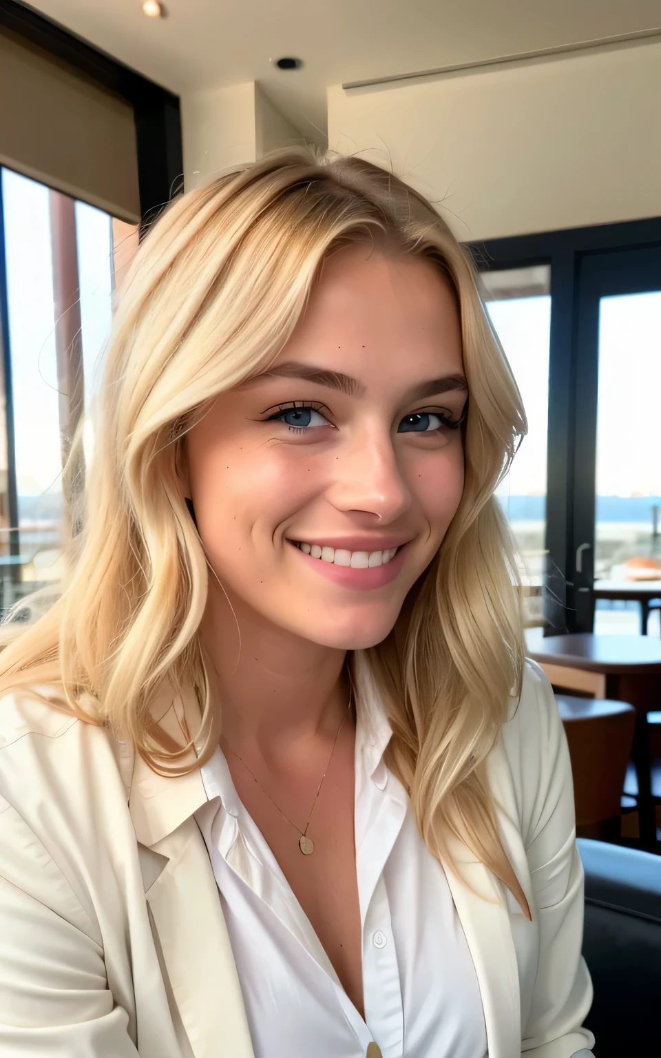cute beautiful blonde wearing cream blazer with buttoned up shirt (drinking coffee inside a modern cafe at sunset), very detailed, 21 years old, inoccent face, natural wave hair, blue eyes, high-res, masterpiece, best quality,intricate details, highly detailed,sharp focus, detailed skin,realistic skin texture,texture, detailed eyes, professional, 4k, charmer smile, shot on Canon, 85mm,shallow depth of field,kodak vision color, perfect fit body, extremely detailed, photo_\(ultra\), photorealistic, realistic, post-processing, max detail, roughness, real life, ultra realistic, photorealism, photography, 8k uhd, photography