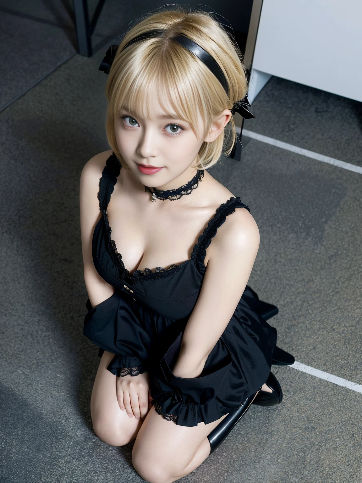 (1girl),clothes in disarray,gothic ta, (big breasts: 1.2), gravure, beautiful Japanese, (from above:1.5) ,(looking at viewer),(kneeling pose),smirk,(upper body),(blonde),(short hair),22years old,