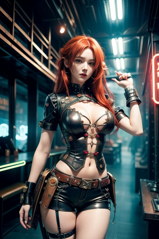 a very beautiful woman in detailed shorts and t-shirt, petite figure, steampunk objects, (((ciberpunk neon details))), futuristic victorian style clothes, shy, gravity dash inspiration, expert high detail, (((wild red hair))), ciberpunk and steampunk mix, sexy pose, curvy, futuristic army clothes, futuristic weapon, abstract background with flowers details, hyper detailed background