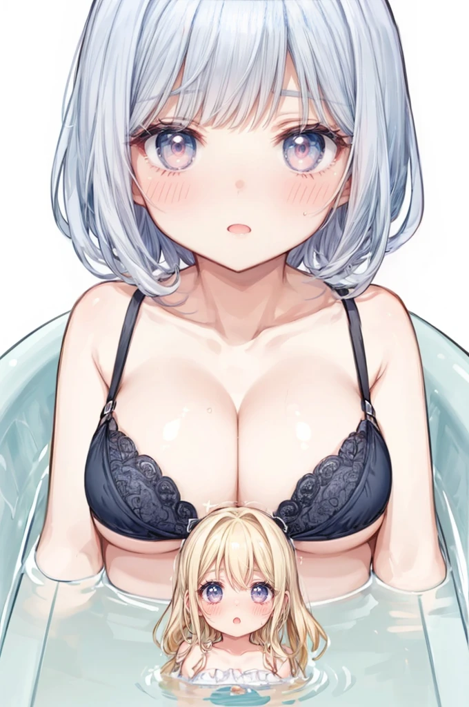 (woman from afar in front of a giantess breasts: 1.2), (miniature woman in front of the breasts of a giantess: 1.2), (a giantess looking down at a minigirl on water: 1.2), (miniature woman on a tiny water looking up at a giant girl: 1.1), (princess bathtub background: 1.2), (2girls:1.5), (giantess:1.2), (size difference: 1.2), (height difference: 1.5), (bra:1.2), very detailed, beautiful, professionally drawn, (perfect beautiful skin), (huge breasts with nipples: 1.2), (mature woman: 1.4), looking at another, (two girls looking at another: 1.2), scared, shocked, :o, happy