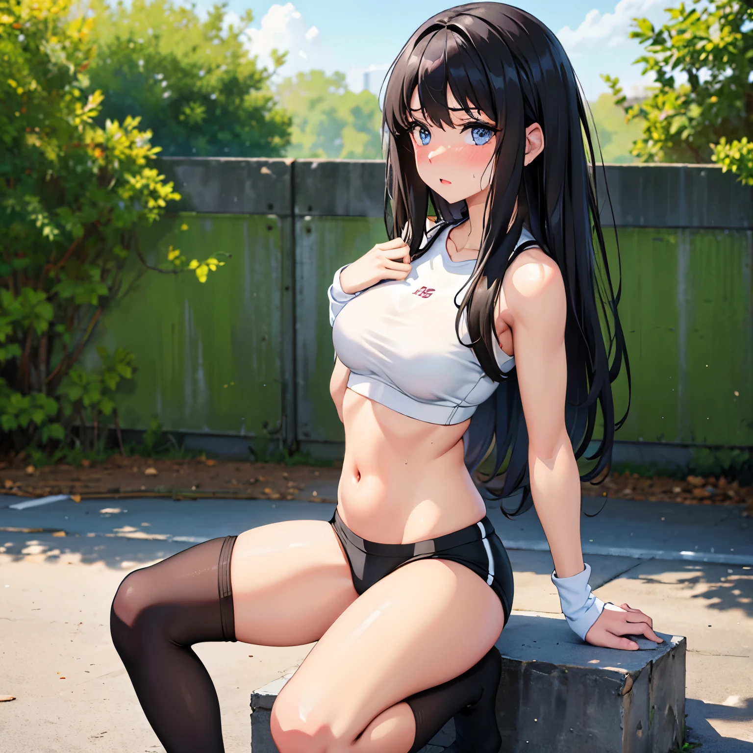 1girl, black hair, long hair, blue eyes, medium breasts, outside, panties, sports bra, knee socks, blush, embarassed, sweaty, underwear