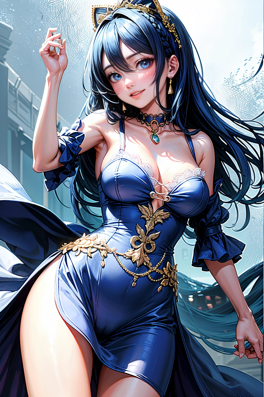Stand up straight、(Best Quality, hight resolution, masutepiece:1.2), Ultra-detailed, Realistic:1.37, sky blue hair, Bob Hair, Sleepy eyes, Beautiful detailed eyes, Beautiful detailed lips, Smile, Choker, Woman、She has a very large and beautiful bust、facing back、show your face between your legs、Show me your ass!、Backward!、Take off your panties halfway、Take off your clothes halfway