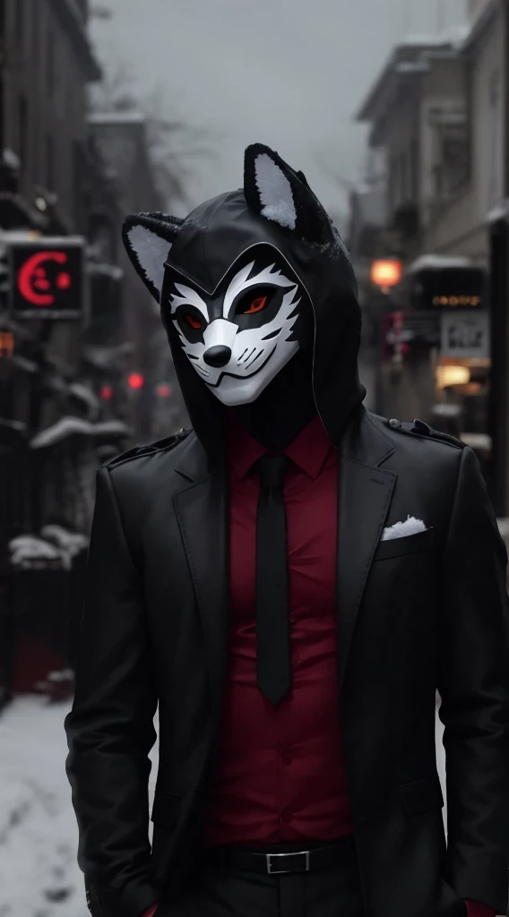 There is a man wearing a shirt, tie and mask standing in the snow, Villain wearing red ghost mask, Fox mask on head, with Fox mask, wearing a Fox mask, Fox mask, Wojtechfors, profile picture 1024px, Portrait shooting, movie 4k wallpaper, movie 4k wallpaper, Red and movie lighting