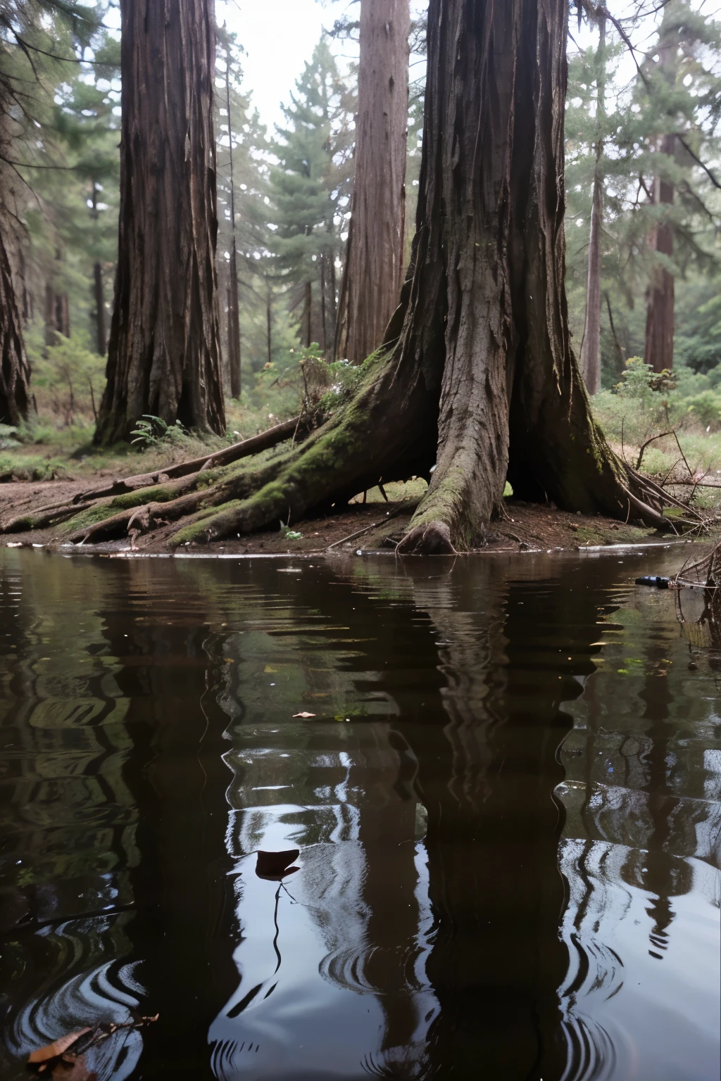 a redwood forest reflected within a water puddle, redwood forest reflection flawlessly captured inside the water, high end DSLR camera, minute details of the puddle with the redwood forest reflection. blurred background to emphasize the reflected image. hyper - realistic, highly detailed, high-resolution
