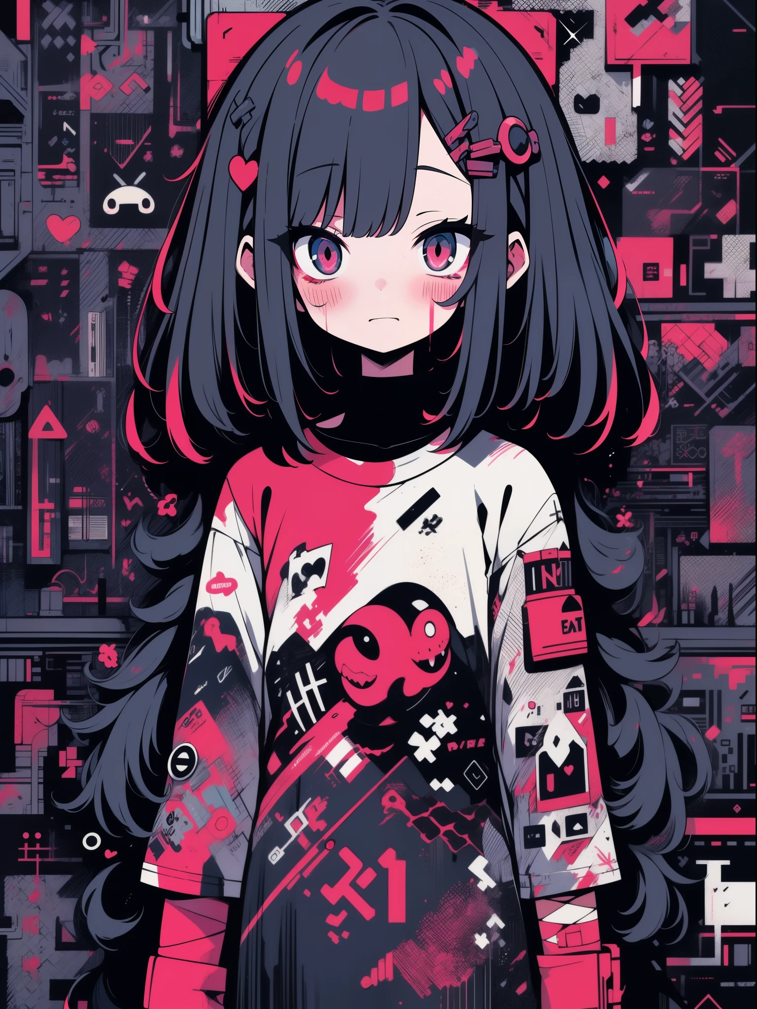 hightquality、neon color palette、high-level image quality、Kawaii Girl、Unprecedented amount of drawing、anime styled、Geometric pattern background、sticker style、short hair、dark hair、brown eyes, messy hair, menhera, bandages, loose clothing, baggy t-shirt, self harm, guro, dark, depressed, eye bags, heavy eyes, dark eyes, blood, creepy, eroguro, dark circles, neon, eye strain, glitch, retro, scary, demon, eyeball, ghost, horror, bloodied, colourful blood, glitch