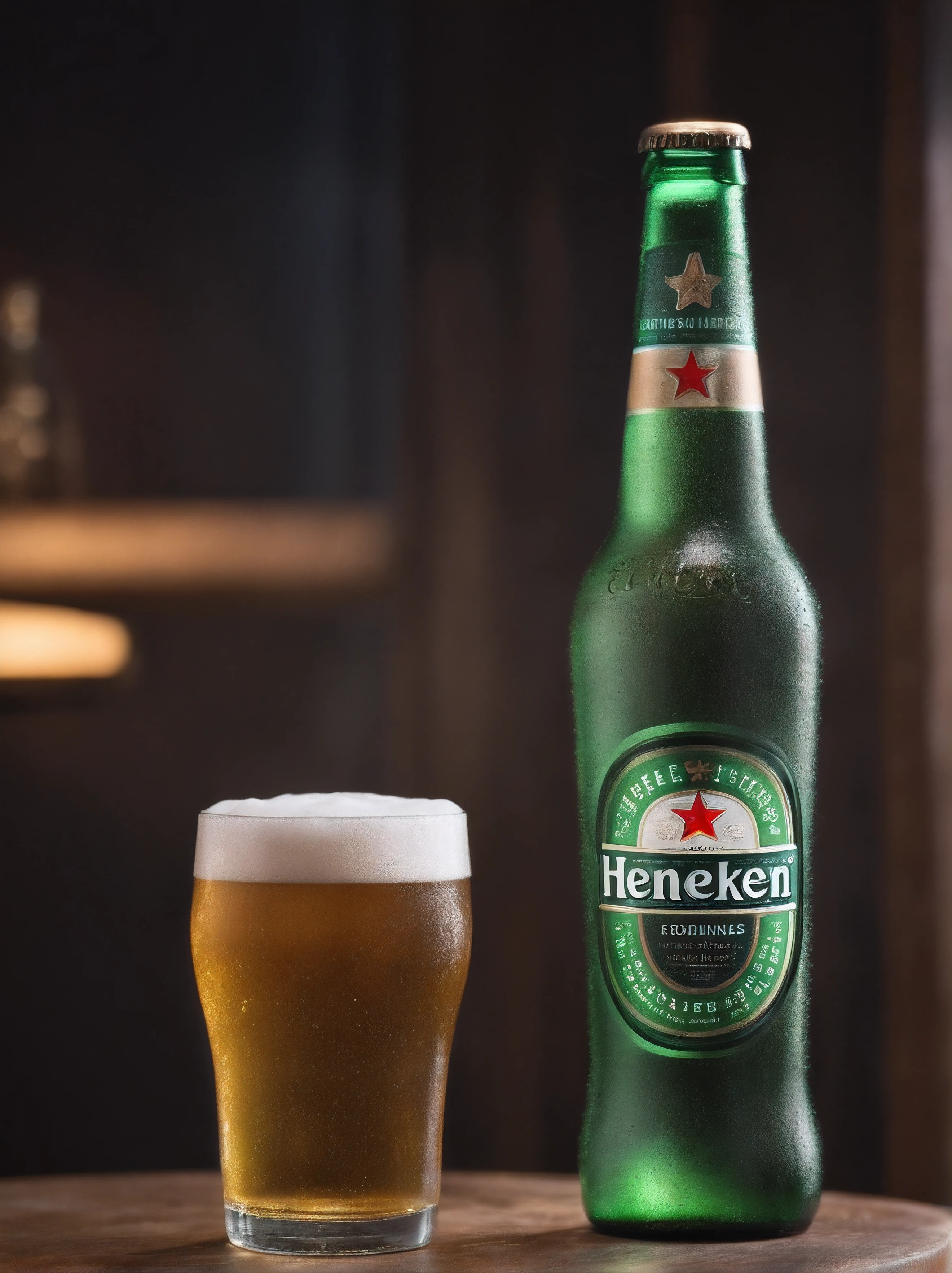 Cerveja Heineken, green bottle with water drops running down, copo de chope transparente ao lado, frio, on the wooden counter, bar counter, background with green neon lights and red star, ultra-realistic, 8k.