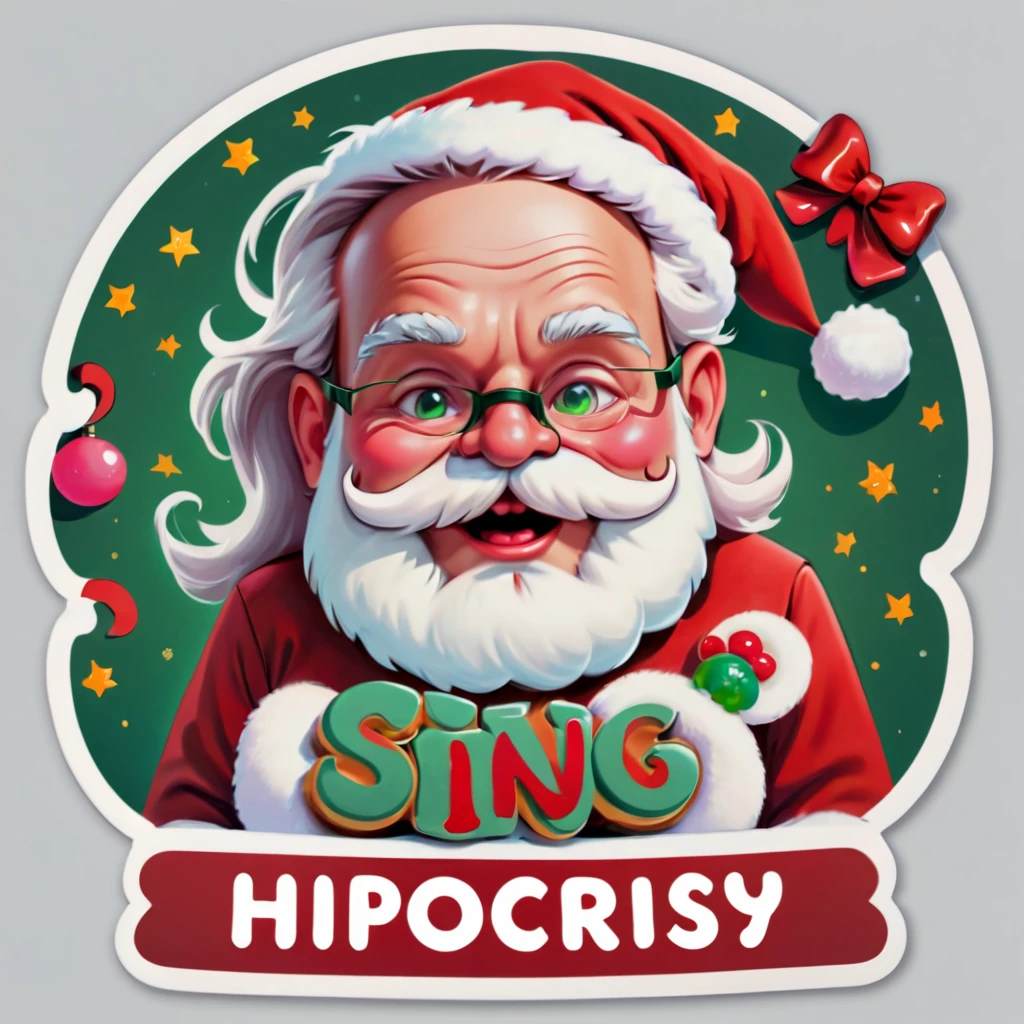 Printed on a sticker, a sing that says, " HIPOCRISY".studio lighting,extremely detailed eyes and face,hypocrisy,stickers,cheerful facial expression,red and white costume,sturdy frame,white hair and beard,warm smile,belly full of jelly,round and chubby body,rosy cheeks,spectacles,big belt with a shiny buckle,joyful atmosphere,white gloves,green sign with red letters,curly mustache,neon-colored stickers around the sign,wrinkles on face,rosy complexion,vivid colors,sparkling eyes,traditional Santa Claus appearance,((on a STICKER)),