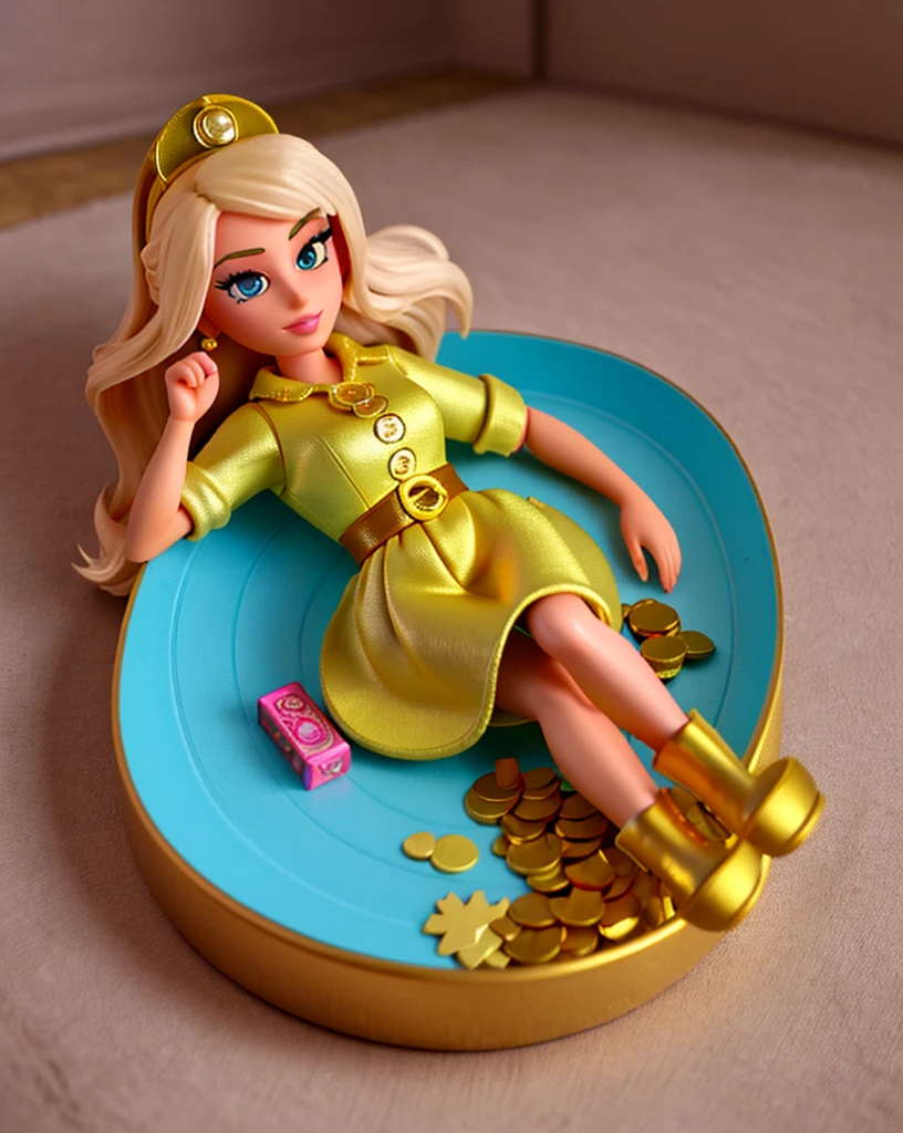 Barbie lying on a treasure similar to Scrooge McDuck's and wasting her money, Image details must be of high quality(Best quality at best)),((tmasterpiece)),the perfect face