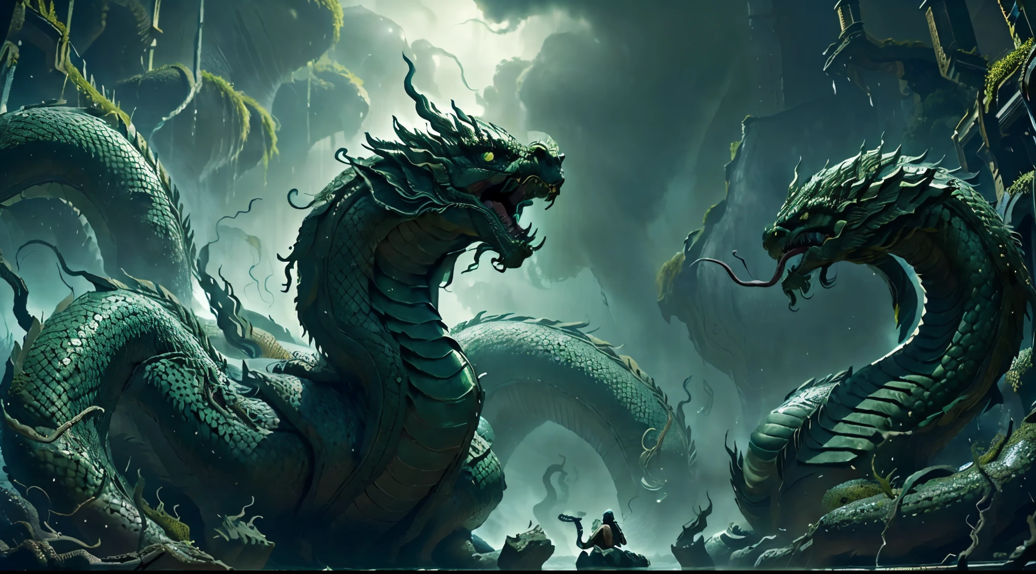 ( enormous Hydra, watching at the viwewer, standing in the water, mouth shut 10 heads, dark green skin with black shells, , greek mythology), centered,  masterpiece:1.4, perfect quality, extremely detailed, 32k, toxic swamp, night, creature focus l,dark clouds, toxic mist everywhere, dead trees,