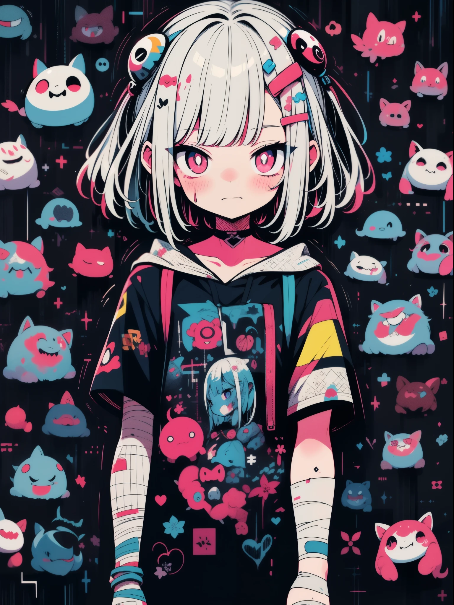 hightquality、neon color palette、high-level image quality、Kawaii Girl、Unprecedented amount of drawing、anime styled、Geometric pattern background、sticker style、short hair、dark hair、brown eyes, messy hair, menhera, bandages, loose clothing, baggy t-shirt, self harm, guro, dark, depressed, eye bags, heavy eyes, dark eyes, blood, creepy, eroguro, dark circles, neon, eye strain, glitch, retro, scary, demon, eyeball, ghost, horror, bloodied, colourful blood, glitch