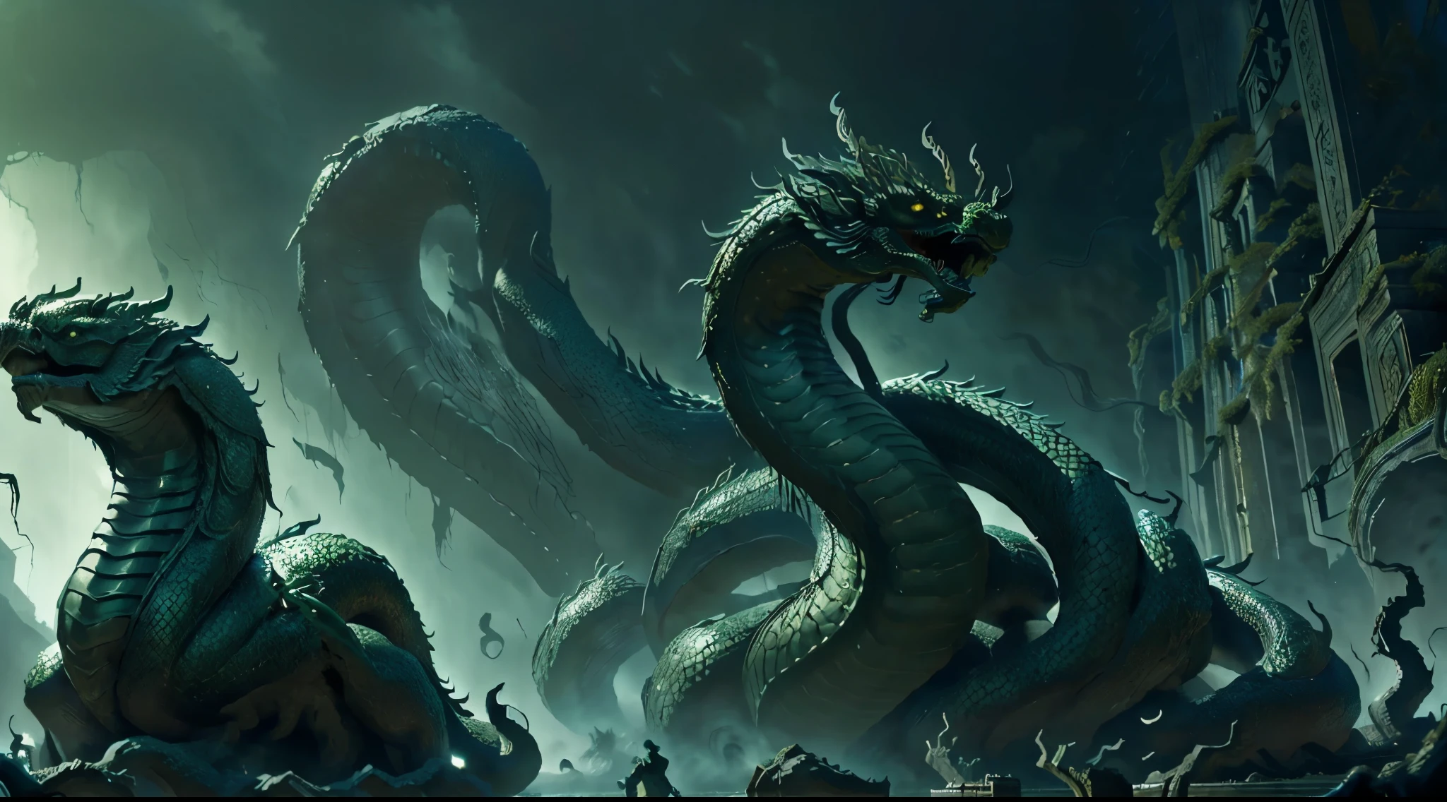 ( enormous Hydra, watching at the viwewer, standing in the water, mouth shut 10 heads, dark green skin with black shells, , greek mythology), centered,  masterpiece:1.4, perfect quality, extremely detailed, 32k, toxic swamp, night, creature focus l,dark clouds, toxic mist everywhere, dead trees,