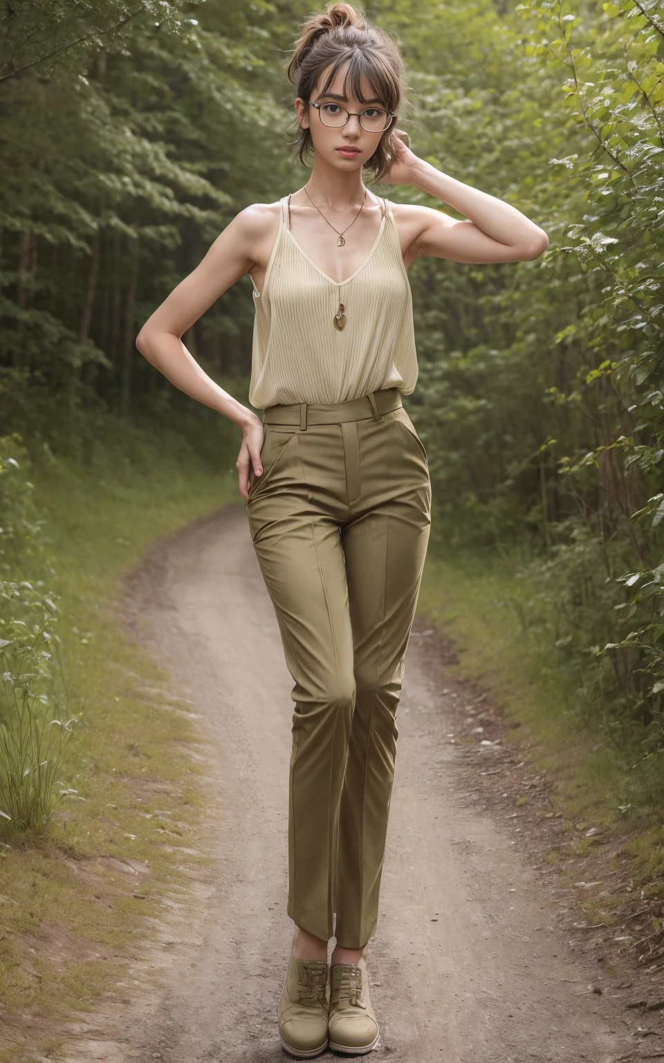 (8K, Masterpiece, RAW photo, Best quality, detail:1.3), (ultra realistic Natural background, scenary:1.5), Depth of field, Cinematic light, (ultra realistic face), (1 picture of 1 solo girl Airim Jones:1.6), 1girl, (Beautiful and elegant Russian girl), (skinny girl with glasses), (European face:1.3), (perfect complete full body:1.5), (small necklace, collarbone:1.1), ( [bangs|pigtails|bob|pixie] hair:1.5), (ultra detailed skin:1.4), (sexy outfit:1.6),, (Khaki Pants:1.5), (perfect standing pose:1.5), (perfect long legs:1.4)