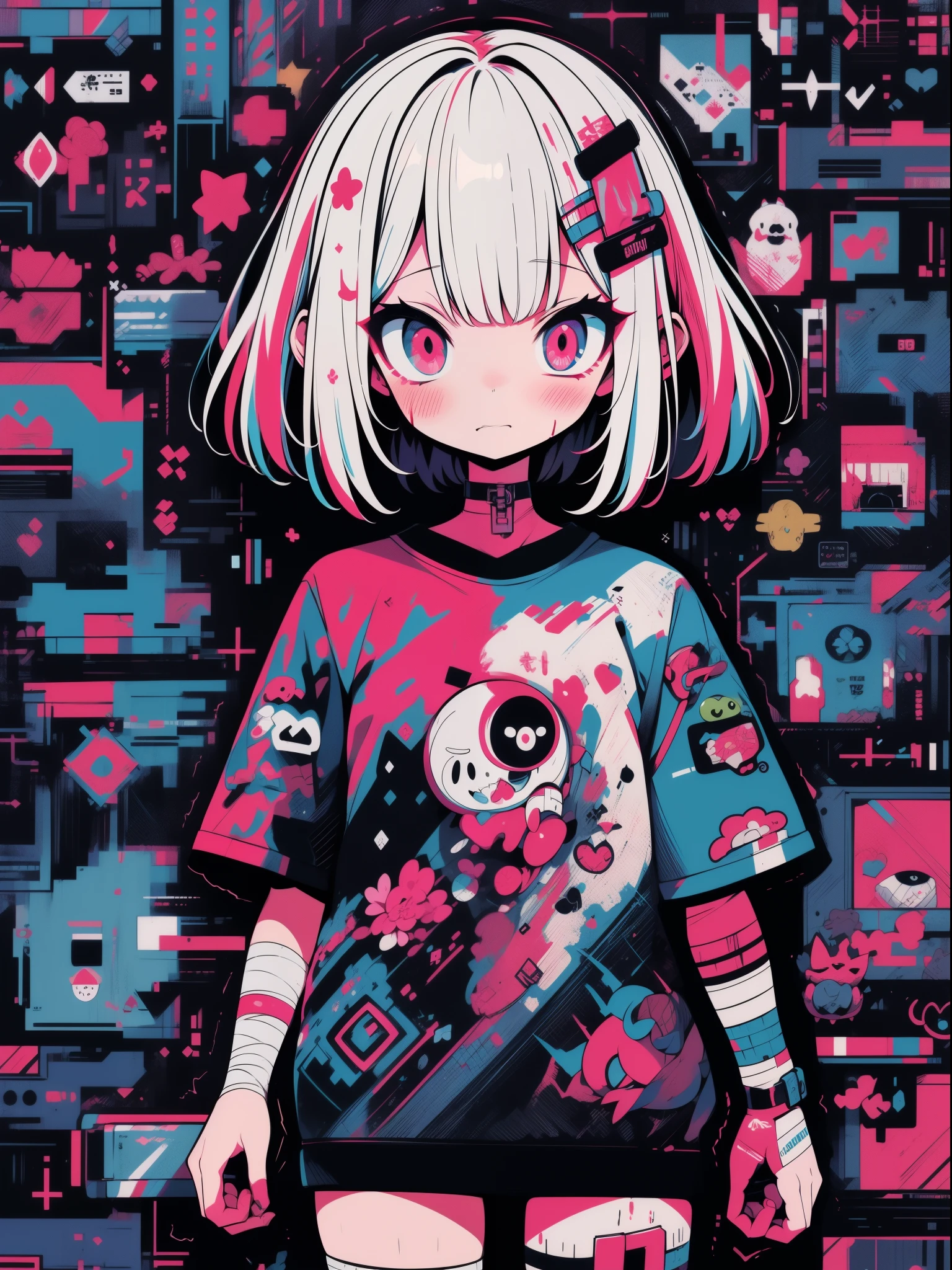 hightquality、neon color palette、high-level image quality、Kawaii Girl、Unprecedented amount of drawing、anime styled、Geometric pattern background、sticker style、short hair、dark hair、brown eyes, messy hair, menhera, bandages, loose clothing, baggy t-shirt, self harm, guro, dark, depressed, eye bags, heavy eyes, dark eyes, blood, creepy, eroguro, dark circles, neon, eye strain, glitch, retro, scary, demon, eyeball, ghost, horror, bloodied, colourful blood, glitch