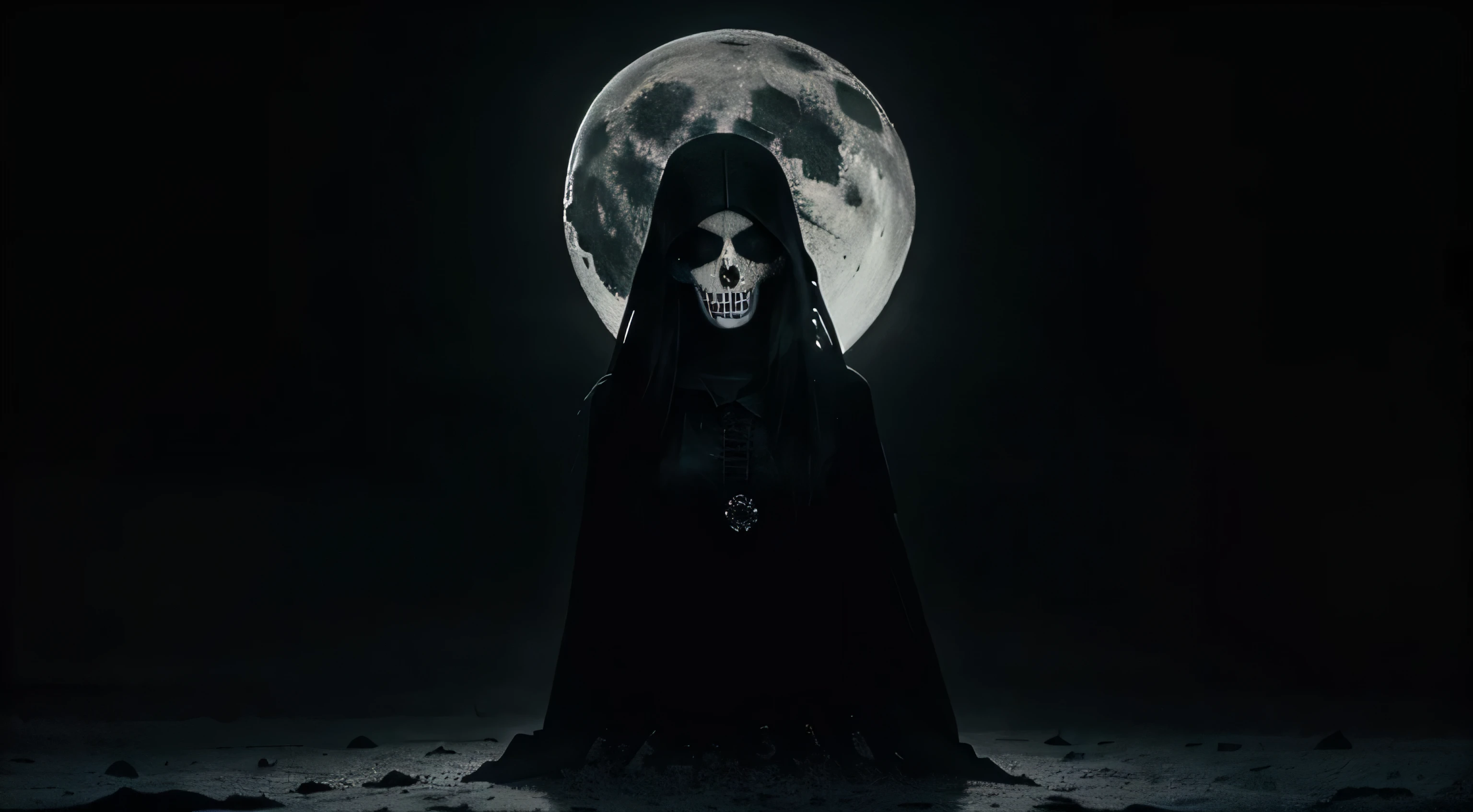 (Monochrome Grayscale: 1.2), A Gigantic Grim Reaper, Midnight Battlefield, Massive Scythe (Crescent Moon: 1.2), Pale, Fully Clothed, Overwhelmingly Busty, Standing with a Dominant Stance, Full-Body Shot, Front View from Below, Dark and Dramatic Cinematic Lighting, Covered Breasts Under a Mantle of Shadows