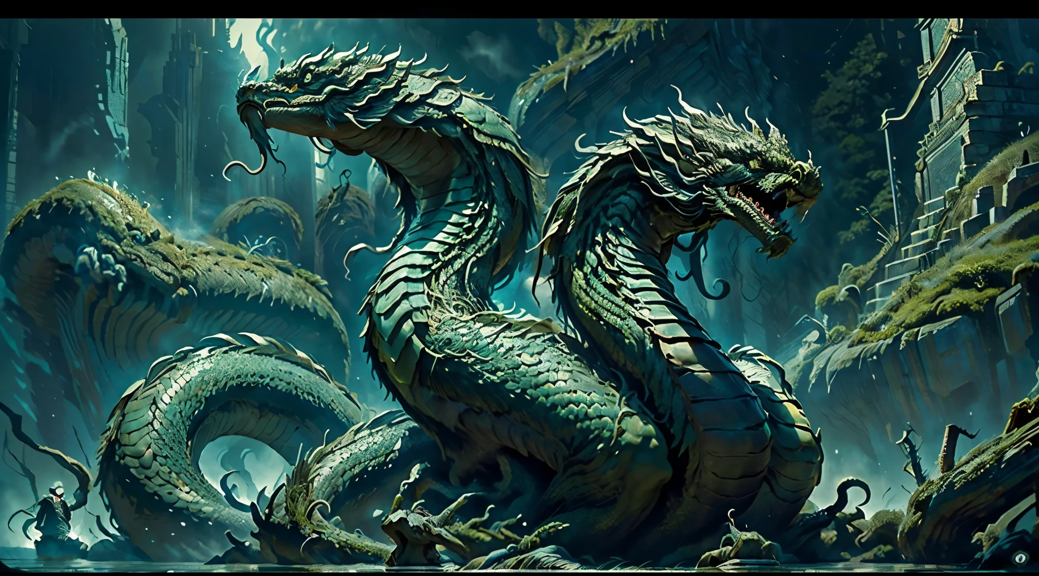 ( enormous Hydra, watching at the viwewer, standing in the water, mouth shut 10 heads, dark green skin with black shells, , greek mythology), centered,  masterpiece:1.4, perfect quality, extremely detailed, 32k, toxic swamp, night, creature focus l,dark clouds, toxic mist everywhere, dead trees,