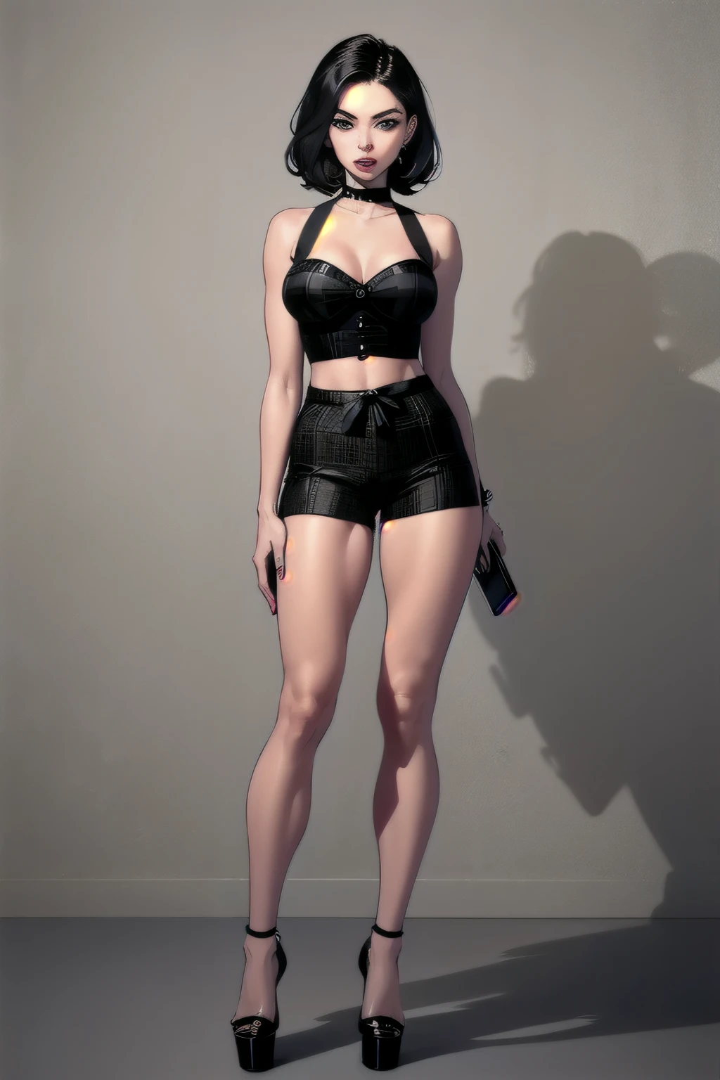 cropped, black bustier, black, plaid patterned shorts tied at the waist with a black bow, and a red cellphone dangling on the left of her shorts which resembles that of a Motorola RAZR or the Motorola Ferrari. With this outfit, she wears black platform heels with white furry straps, a hip length, black, sleeveless jacket with white trimmed lapels, and a black choker