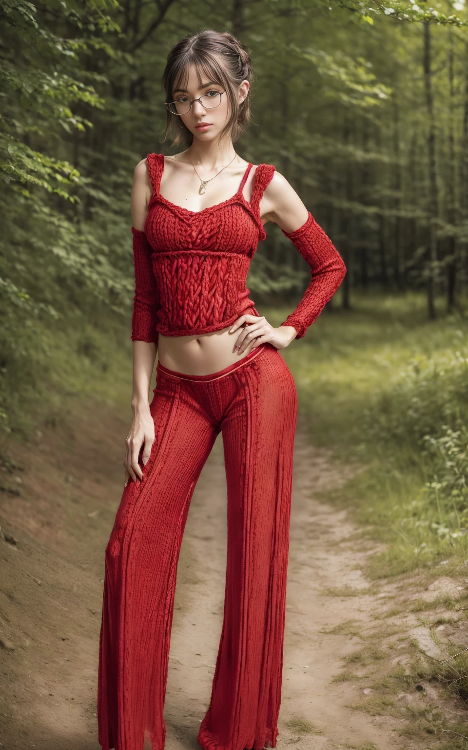 (8K, Masterpiece, RAW photo, Best quality, detail:1.3), (ultra realistic Natural background, scenary:1.5), Depth of field, Cinematic light, (ultra realistic face), (1 picture of 1 solo girl Airim Jones:1.6), 1girl, (Beautiful and elegant Russian girl), (skinny girl with glasses), (European face:1.3), (perfect complete full body:1.5), (small necklace, collarbone:1.1), ( [bangs|pigtails|bob|pixie] hair:1.5), (ultra detailed skin:1.4), (sexy red outfit:1.6),, (Knit Wide-Leg Pants:1.5), (perfect standing pose:1.5), (perfect long legs:1.4)